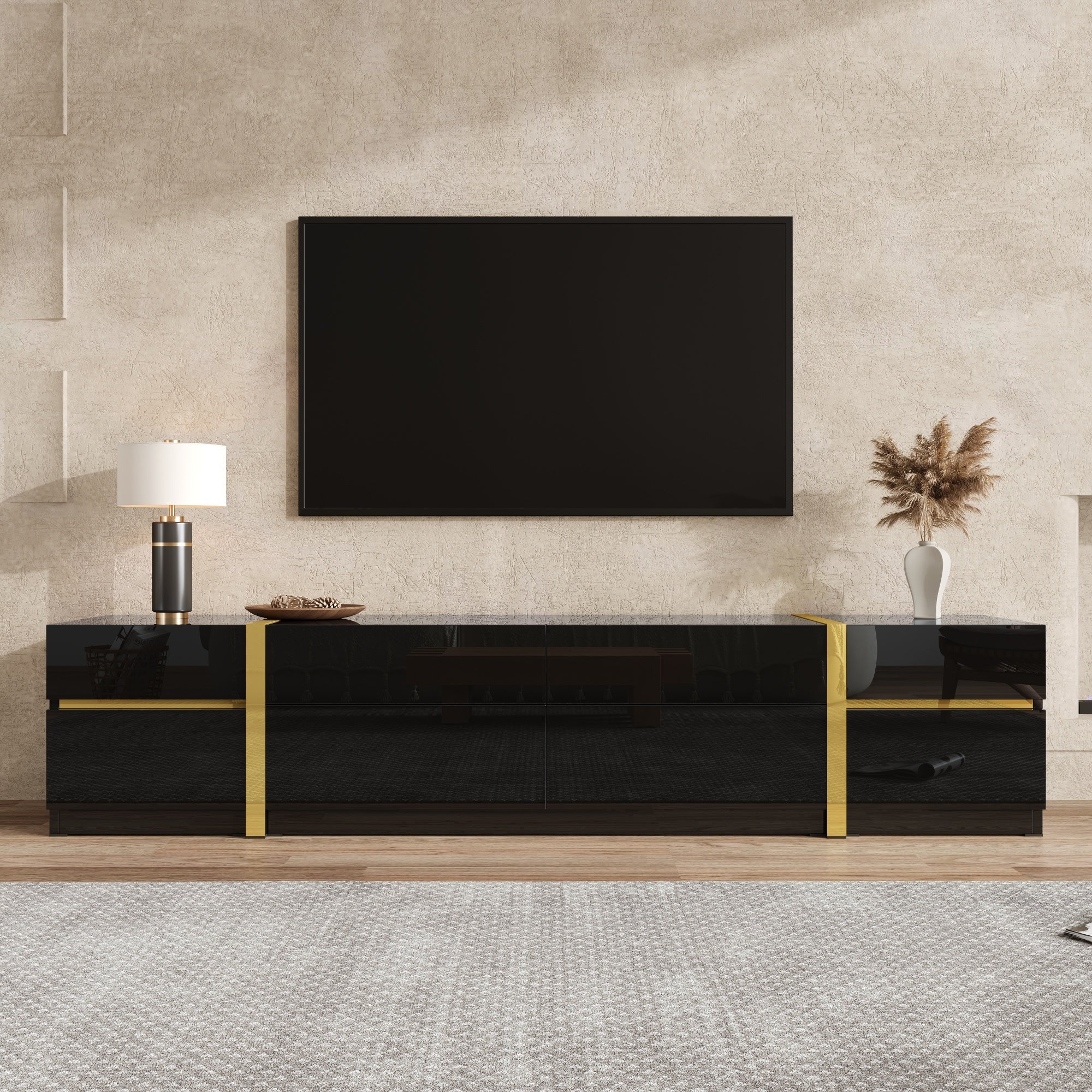 Nowoczesna szafka RTV z 4 szufladami i 1 opuszczanymi drzwiami - 180 x 40 x 38 cm - Wykończenie błyszczące - Płyta wiórowa + MDF - Kolor czarny