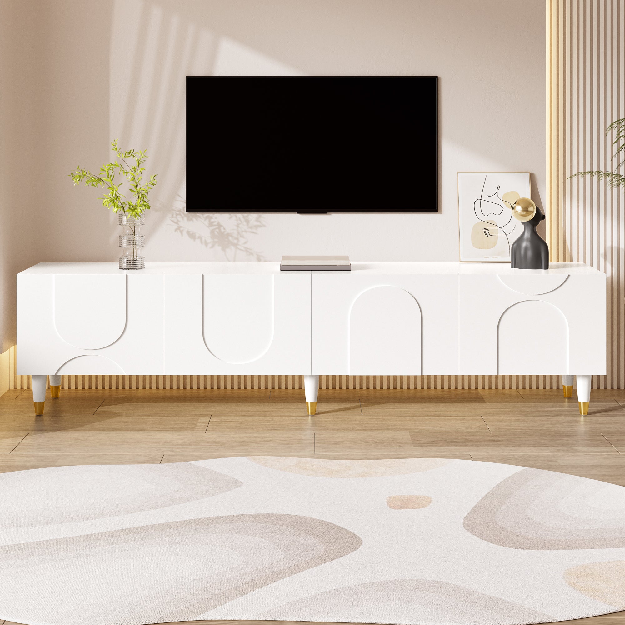 Stojak pod telewizor z 4 drzwiami - 180 x 40 x 50 cm - Płyta wiórowa i MDF - Organizacja kabli - Nogi z litego drewna - Biały