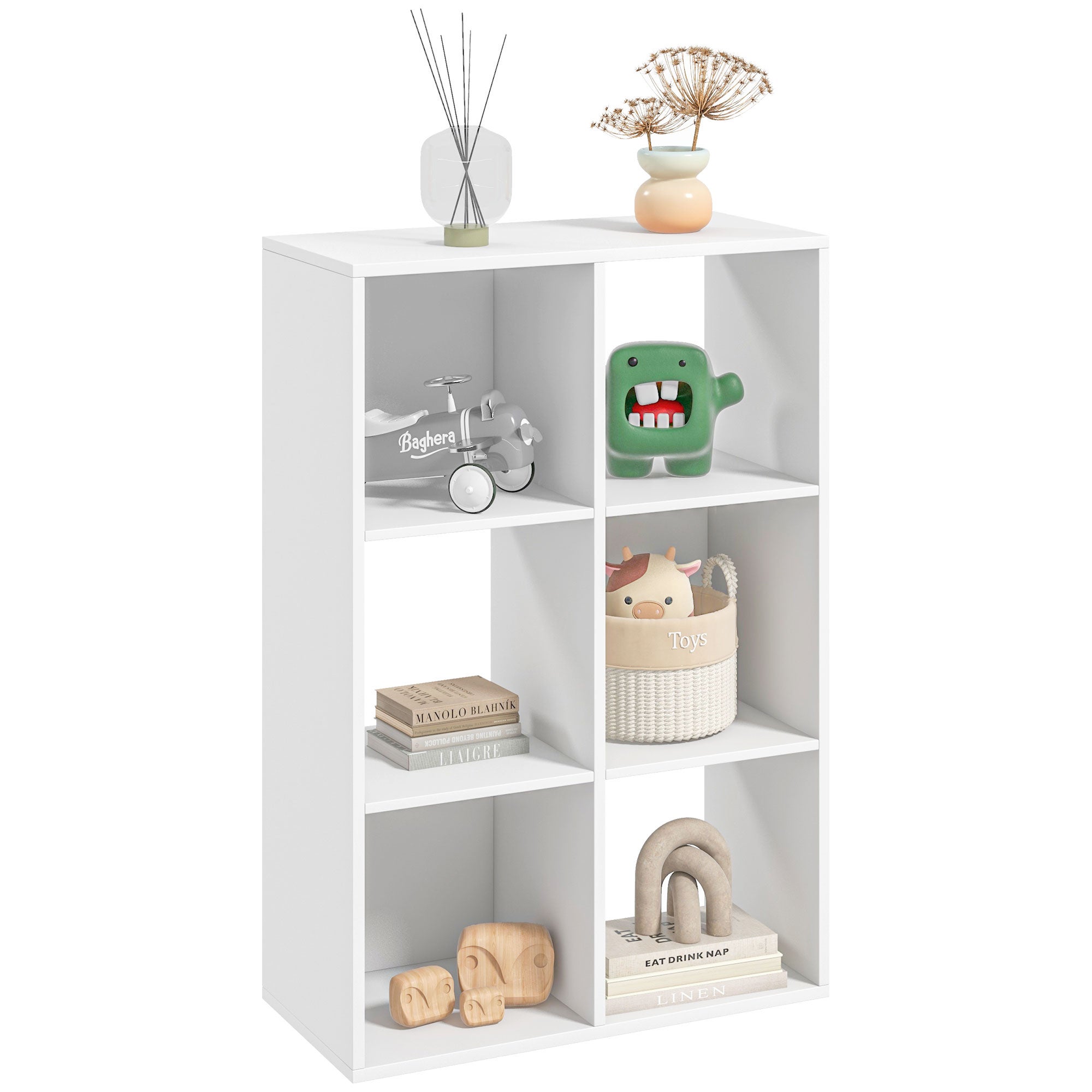 Regał na książki Cube z 6 półkami w rustykalnym stylu, nowoczesny drewniany regał na książki, do pokoju dziecięcego,61,5 x 29,5 x 91,5 cm, biały
