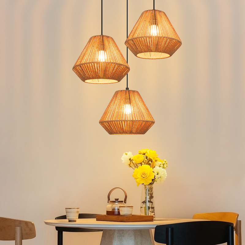 Nettlife Lampa Wisząca Boho Rattan - Żyrandol 3-pkt E27, Regulowana, Styl Retro, nad Stół do Salonu Sypialni (Bez Żarówki)