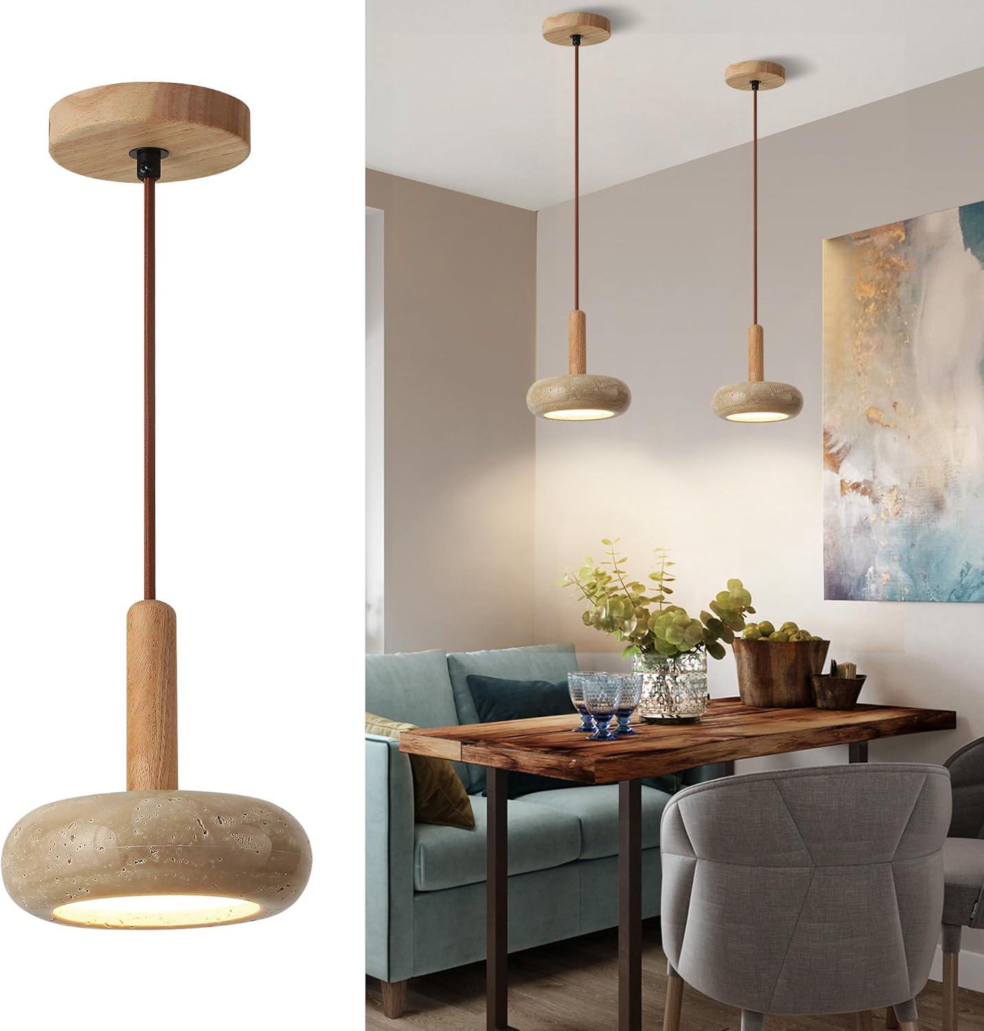 Japoński żyrandol w stylu wabi-sabi, żółty trawertyn, drewniane diody LED, regulowana wysokość, odpowiedni do sypialni, długość drążka 15 cm.