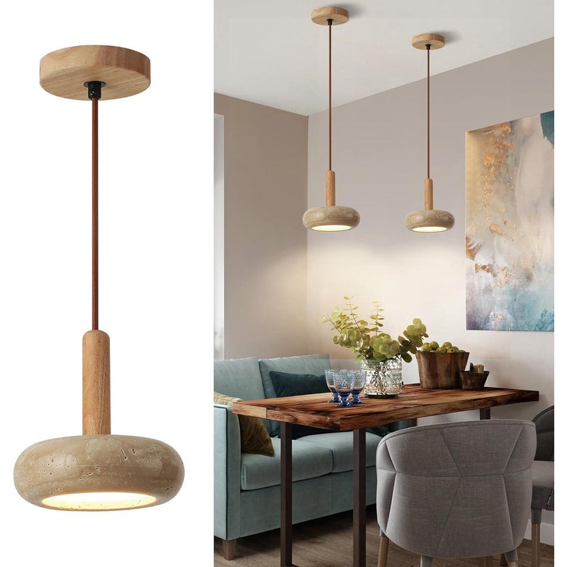 Japoński żyrandol w stylu wabi-sabi, żółty trawertyn, drewniane diody LED, regulowana wysokość, odpowiedni do sypialni, długość drążka 15 cm.