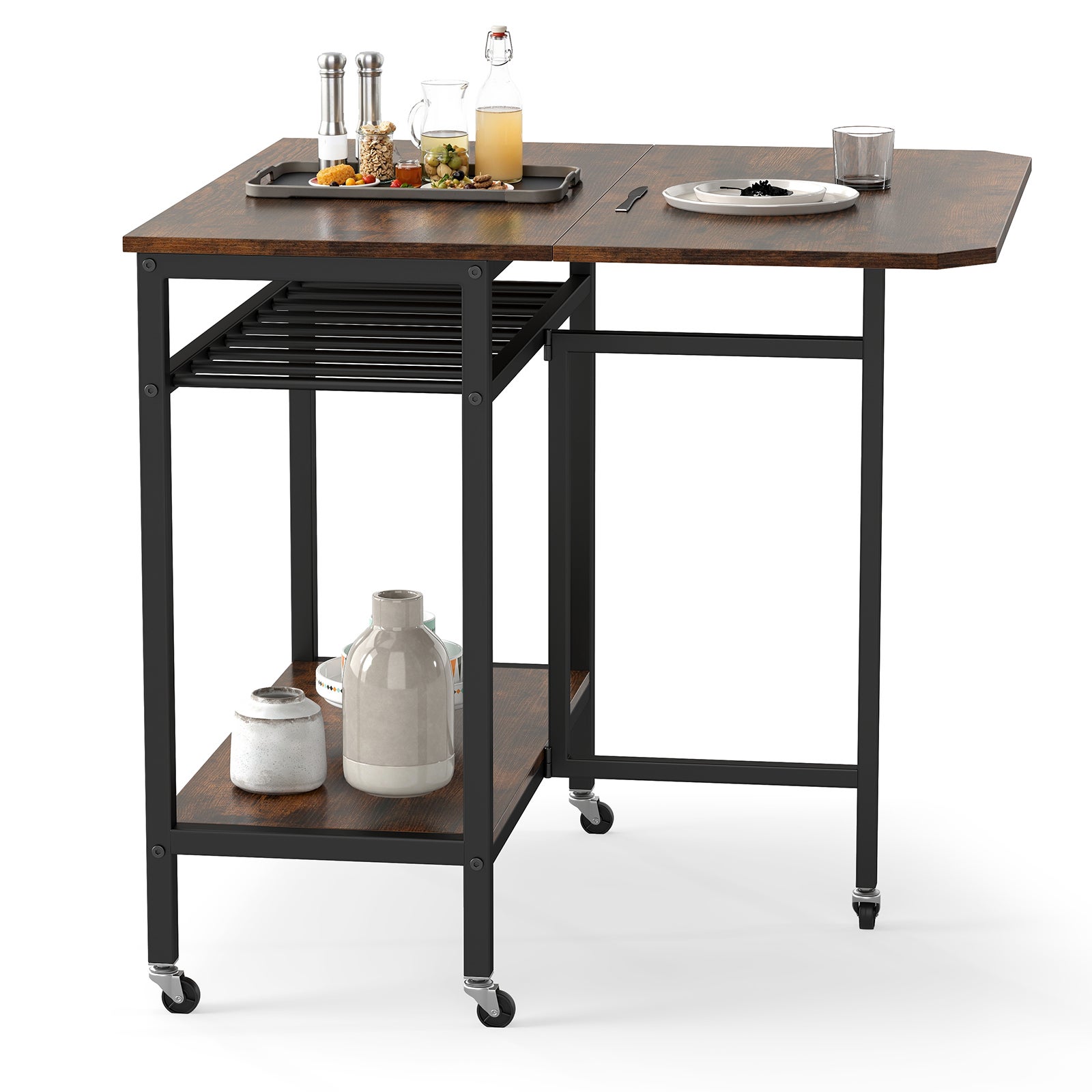 Składany stół kuchenny – mobilny stół z 5 kółkami, otwartą półką i metalową ramą – prostokątny stół jadalniany – 80 x 75 x 75 cm