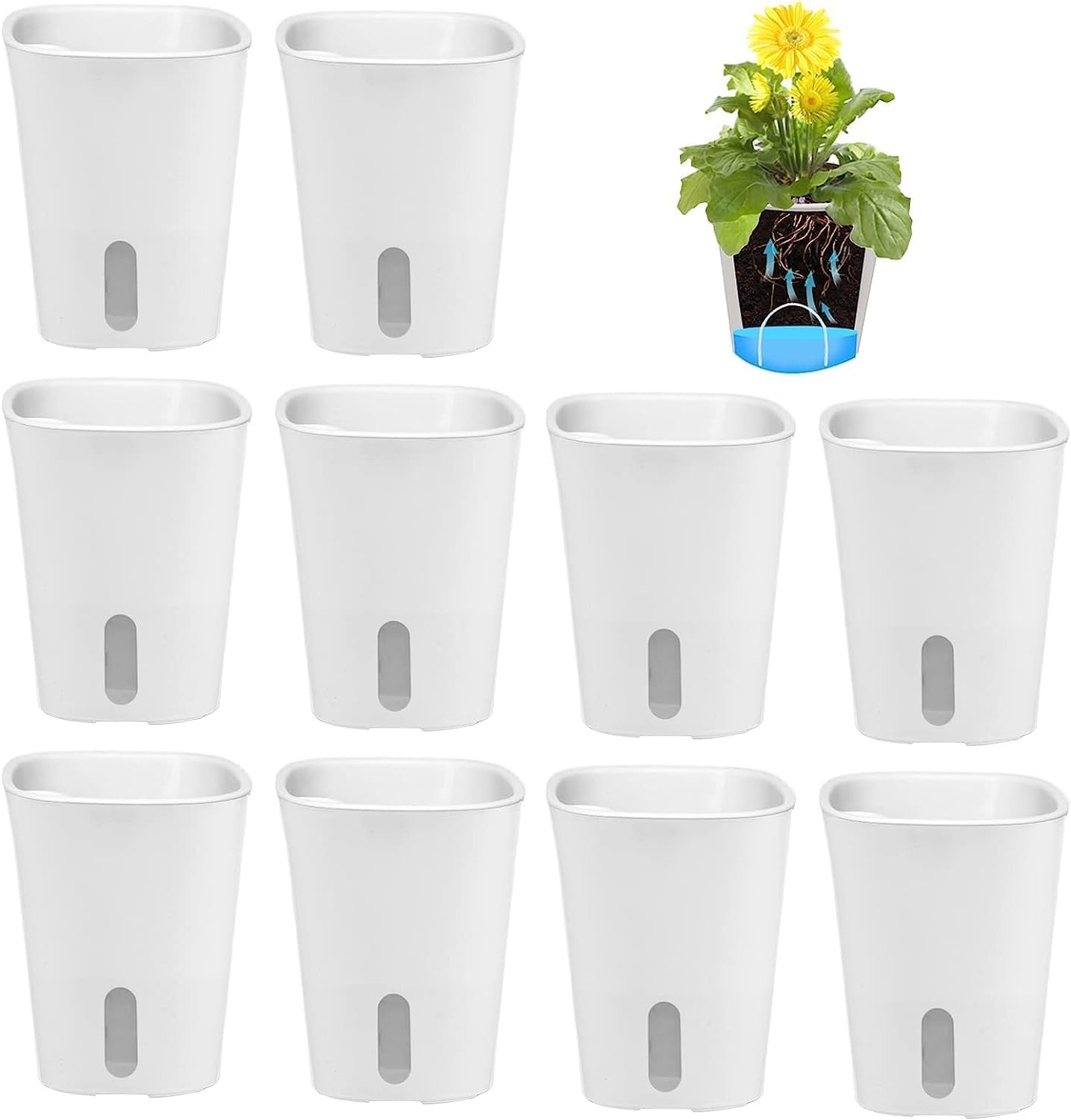Zestaw 10 doniczek z systemem nawadniania - Plastik - Miniaturowe doniczki z systemem knotowym - Małe okrągłe doniczki