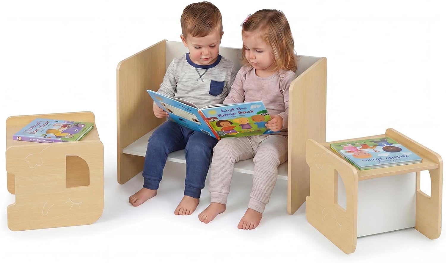 Zestaw stolik i krzesełko dla dzieci z motywem słonia – blat z funkcją biurka, styl Montessori – udźwig 30/50 kg, wiek 3+ (naturalne drewno)