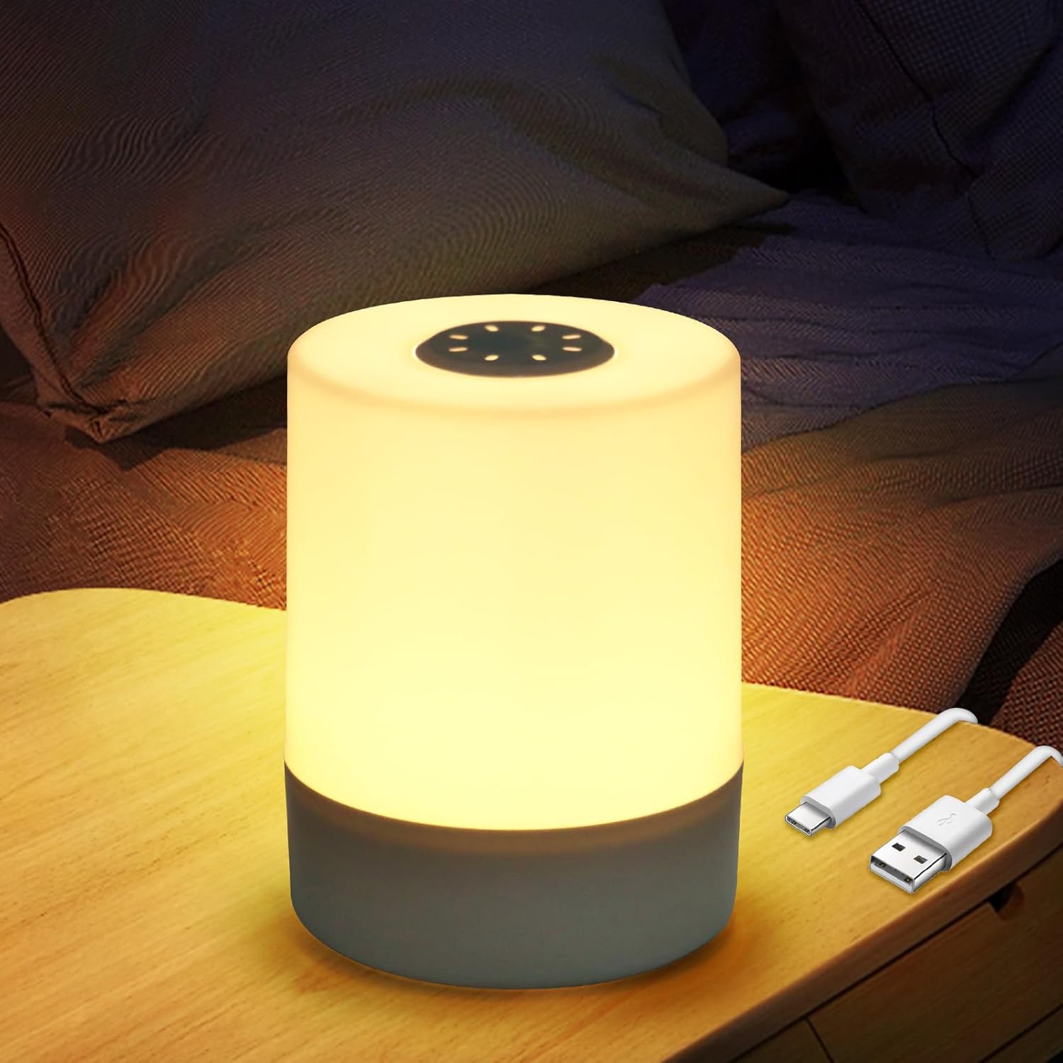 Lampe de Chevet LED, Petite Lampe de Table Sans Fil, Lampe de Chevet à Intensité Variable Touch, Veilleuse LED, Rechargeable par USB, pour Enfants, Ch