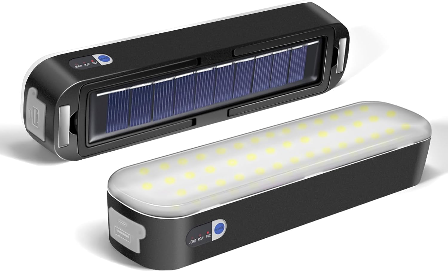 2 uniwersalne lampy solarne LED (czarne), magnetyczne lampy kempingowe, zewnętrzne lampy namiotowe, 3600 mAh, ładowane przez USB
