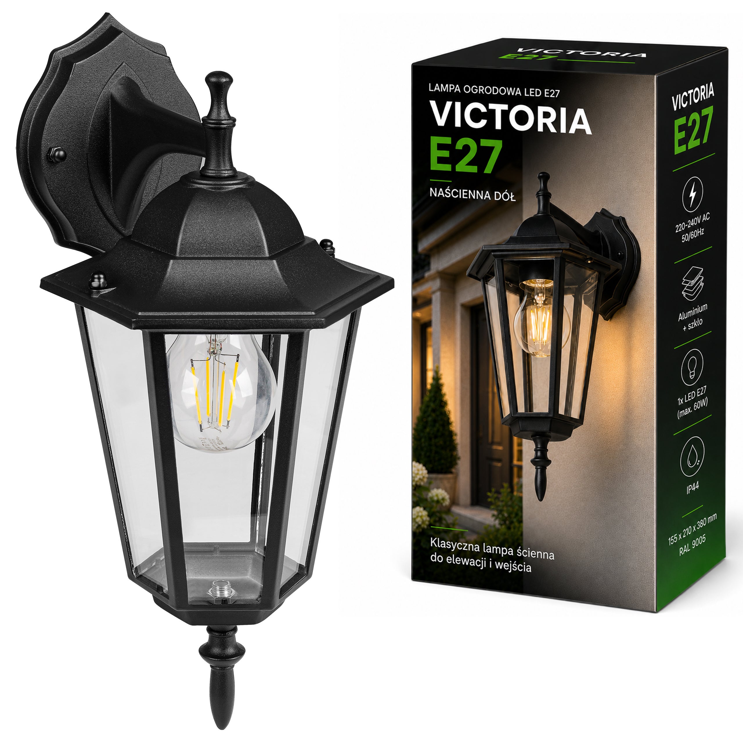 Lampa ścienna ogrodowa E27 LED Victori IP44 elewacyjna zewnętrzna czarna MasterLED