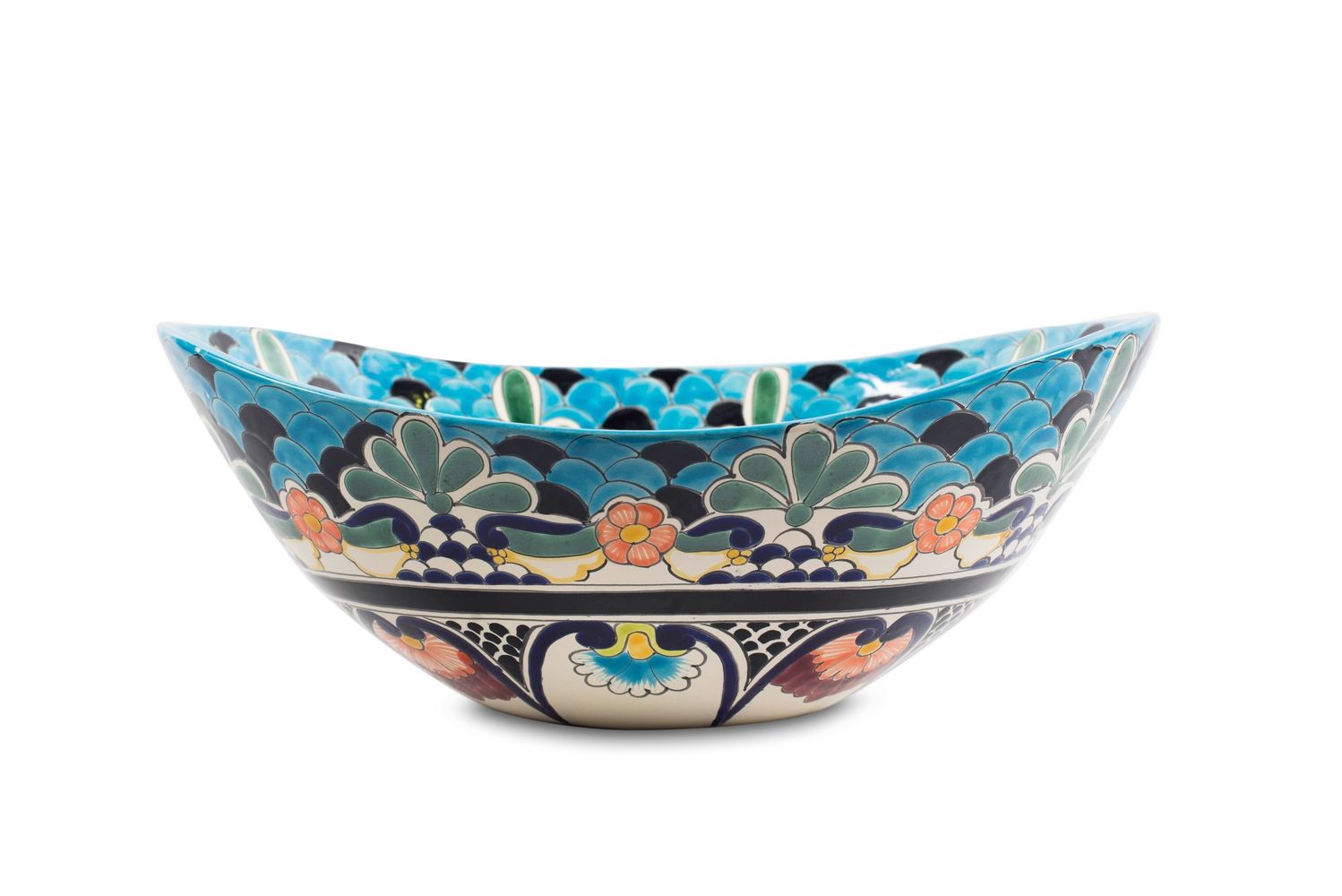 Meksykańska ceramiczna umywalka nablatowa La Reina – owalna umywalka wolnostojąca 46 x 38 x 15 cm | Umywalka Talavera z wzorami do łazienki