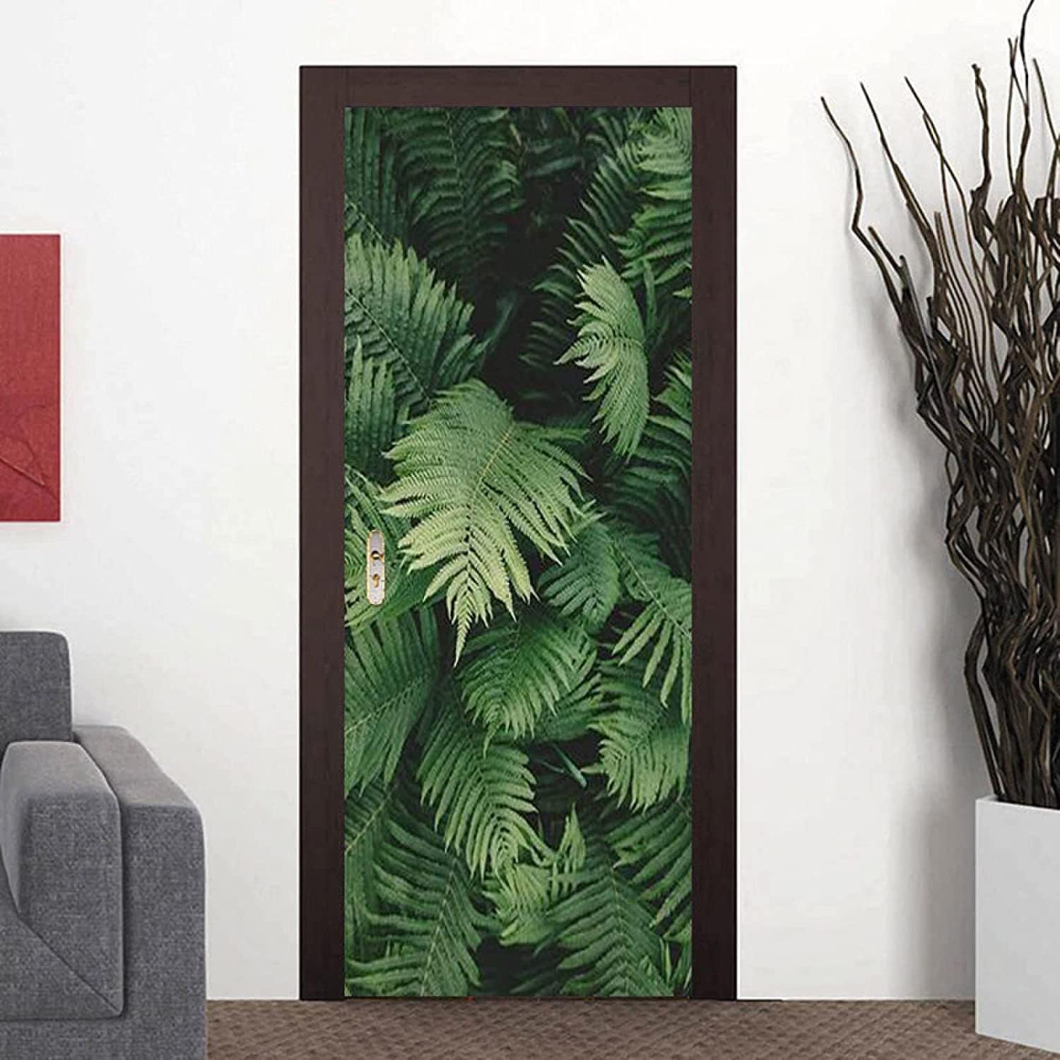 Naklejki 3D na drzwi, samoprzylepne, zielone liście tropikalne, 77 x 200 cm, zdejmowana naklejka ścienna na drzwi