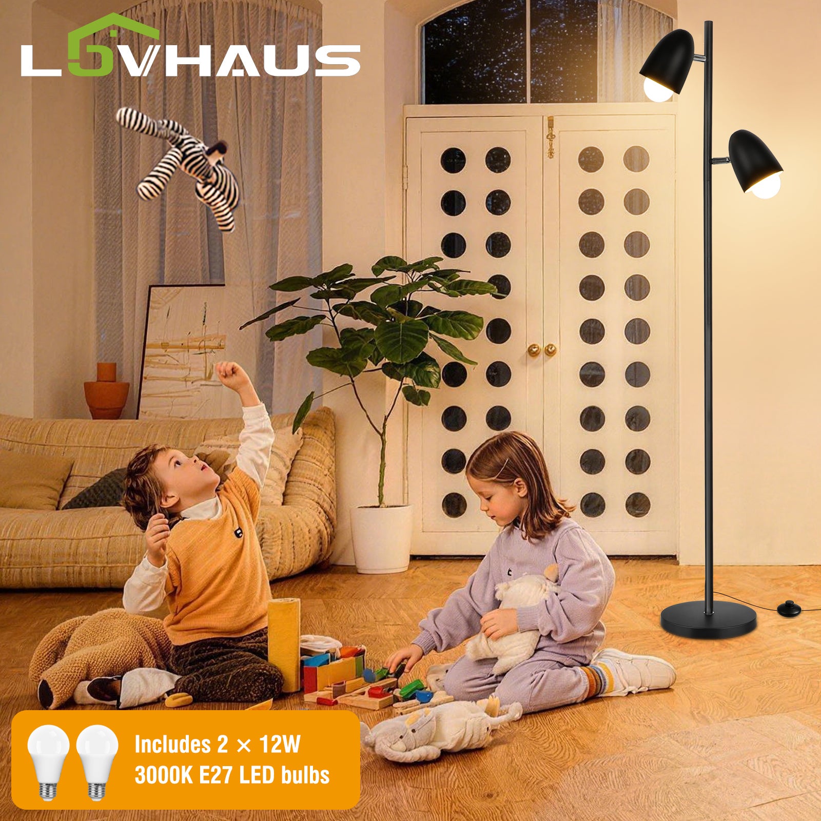 Lampa podłogowa LED 163 cm czarna, 2 regulowane głowice 350°, E27 max 60W, lampka do czytania do salonu sypialni biura, design industrialny, LOVHAUS