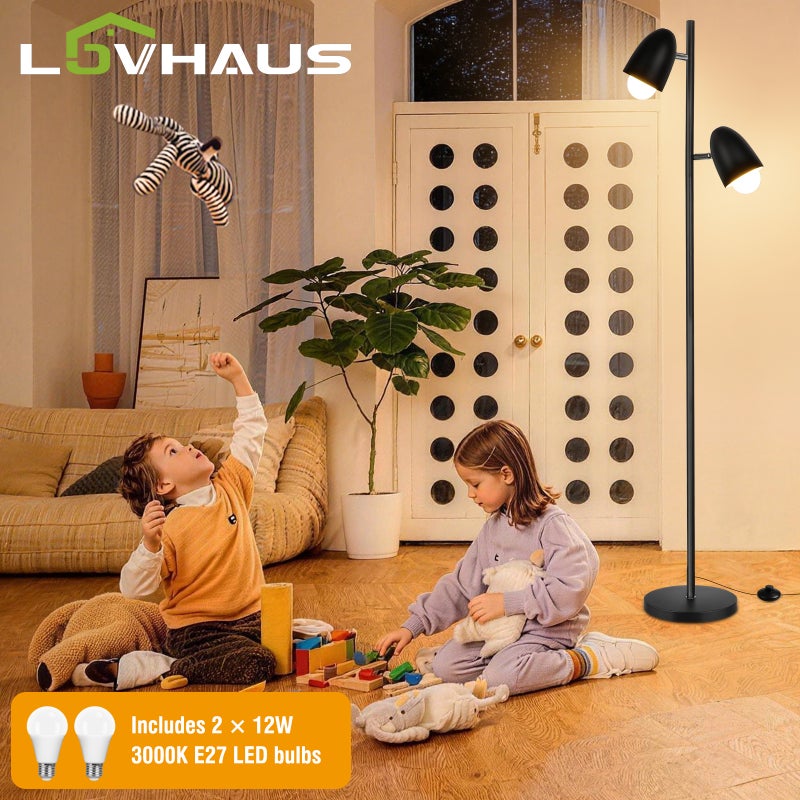 Lampa podłogowa LED 163 cm czarna, 2 regulowane głowice 350°, E27 max 60W, lampka do czytania do salonu sypialni biura, design industrialny, LOVHAUS