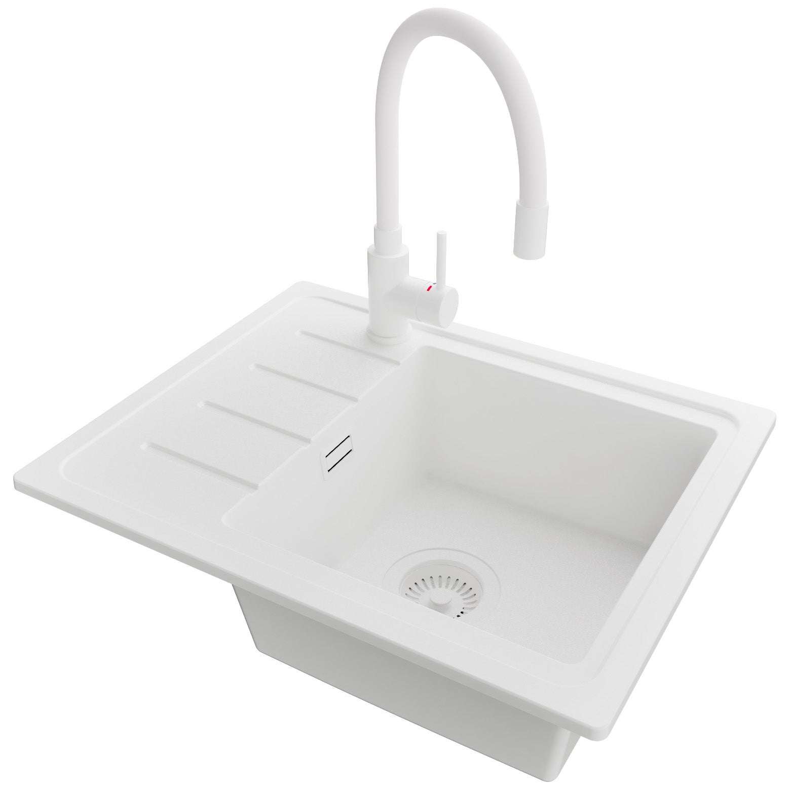 Zlewozmywak Granitowy Cały Biały 55x44cm, Zlew Kuchenny 1 Komorowy + Bateria 38x14cm + Syfon, Nablatowy do szafki od 45cm - Kopenhaga Easy PRIMAGRAN