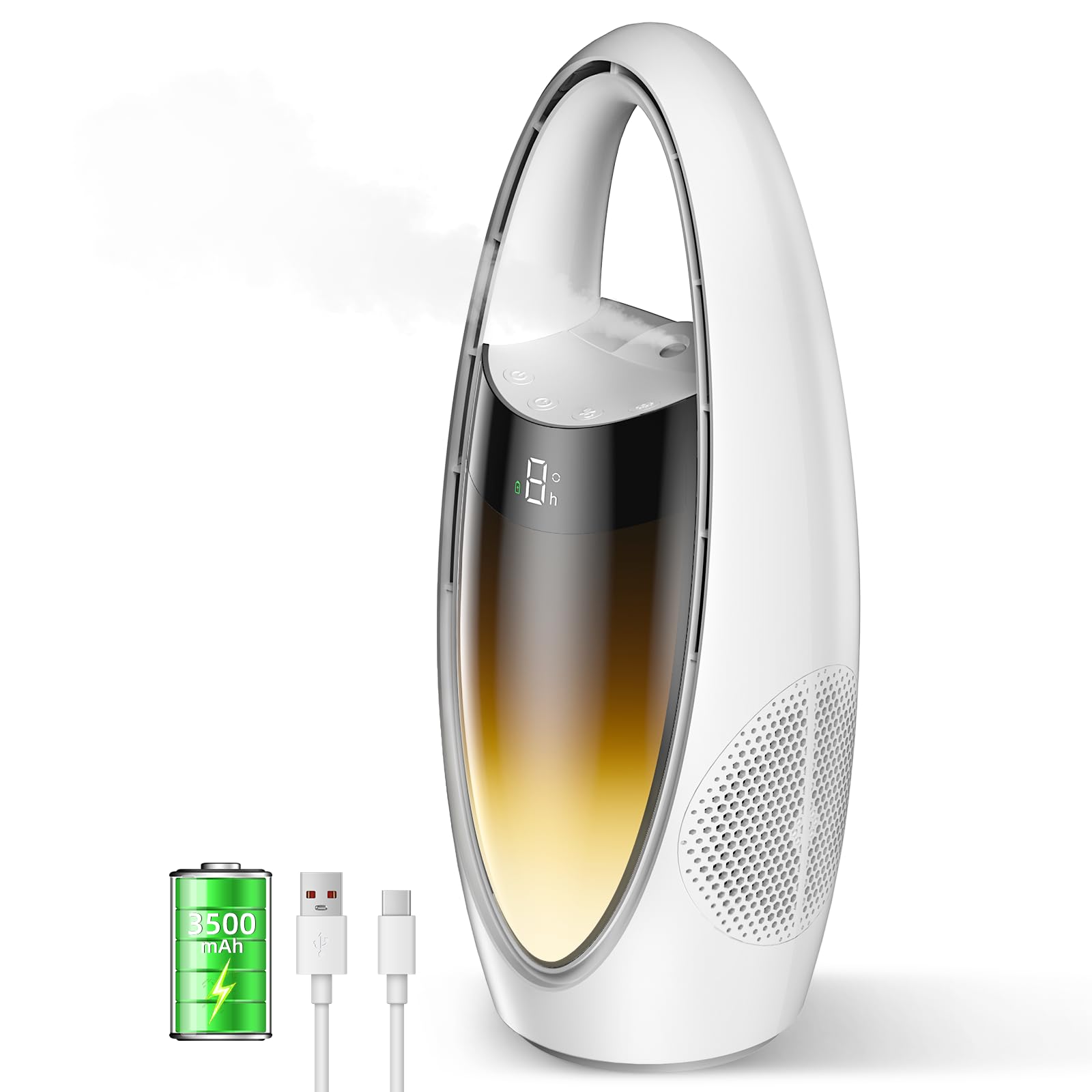 Wentylator biurkowy z rozpylaczem bez łopatek Biały 13", 3500mAh, 9 prędkości, timer 9h, oscylacja 60°, zbiornik 180ml, lampka nocna