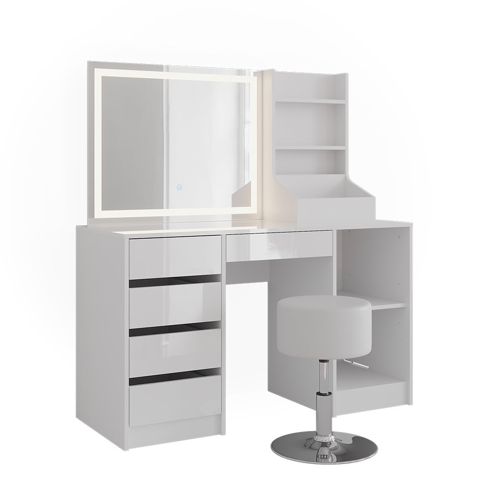 Vicco Stół do toalety Sherry, Biały/Biały wysoki połysk, 128.2 cm z lustrem LED i stołkiem
