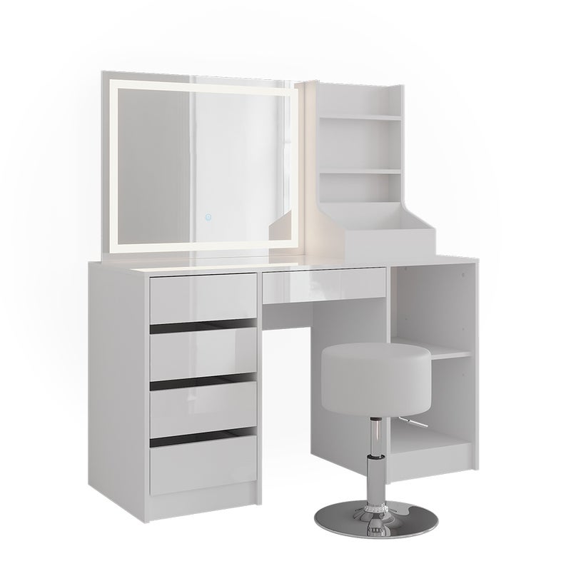 Vicco Stół do toalety Sherry, Biały/Biały wysoki połysk, 128.2 cm z lustrem LED i stołkiem