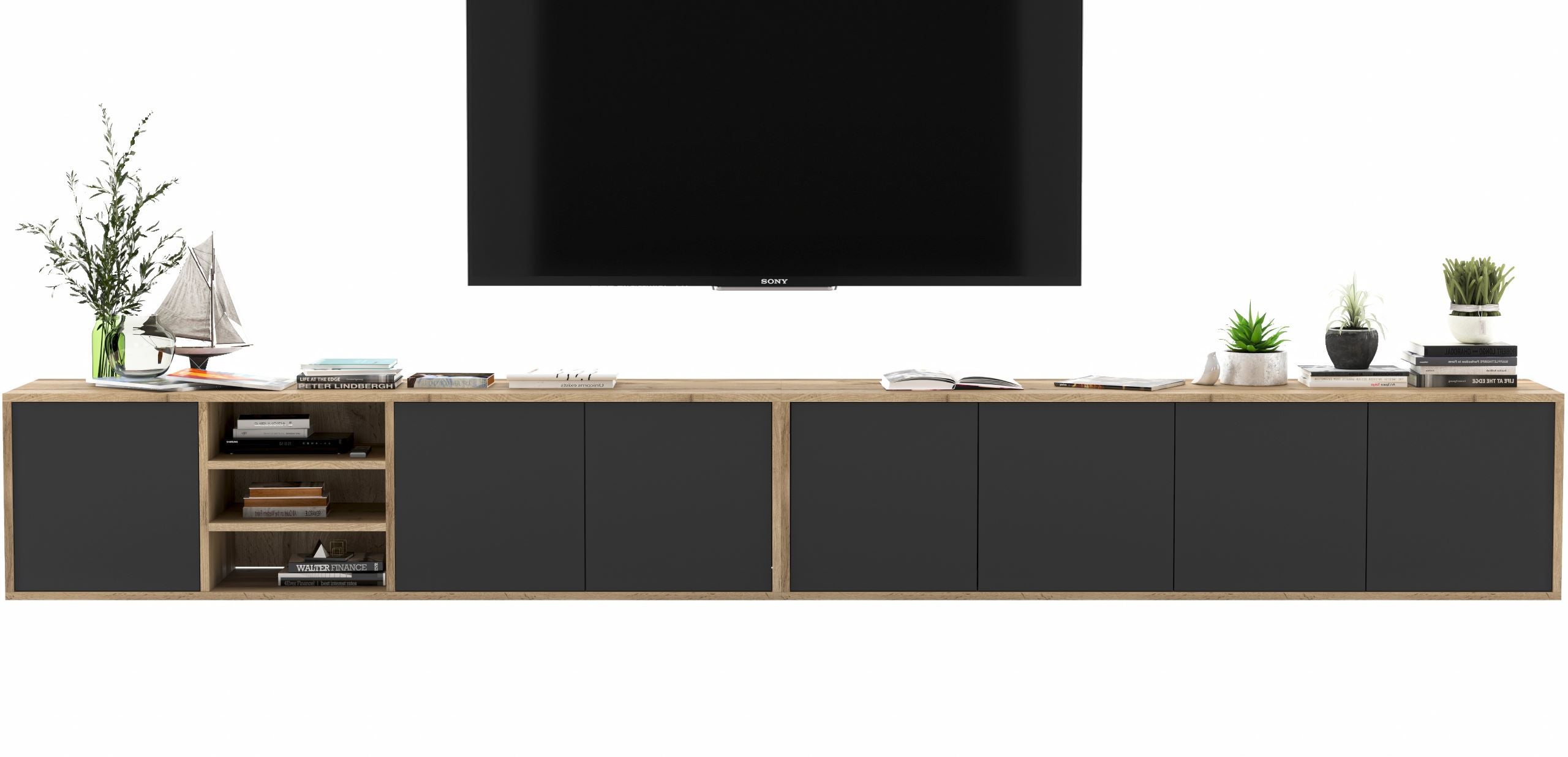 Wisząca szafka RTV Loft 300 cm czarny mat, komoda RTV pod telewizor do salonu