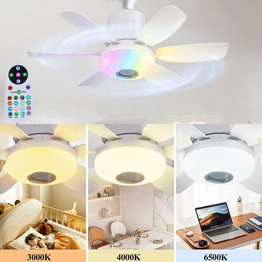 Wentylator z oświetleniem RGB z pilotem i źródłem światła, z głośnikiem Bluetooth, 3 temperatury barwowe, 3 prędkości wentylacji, biały