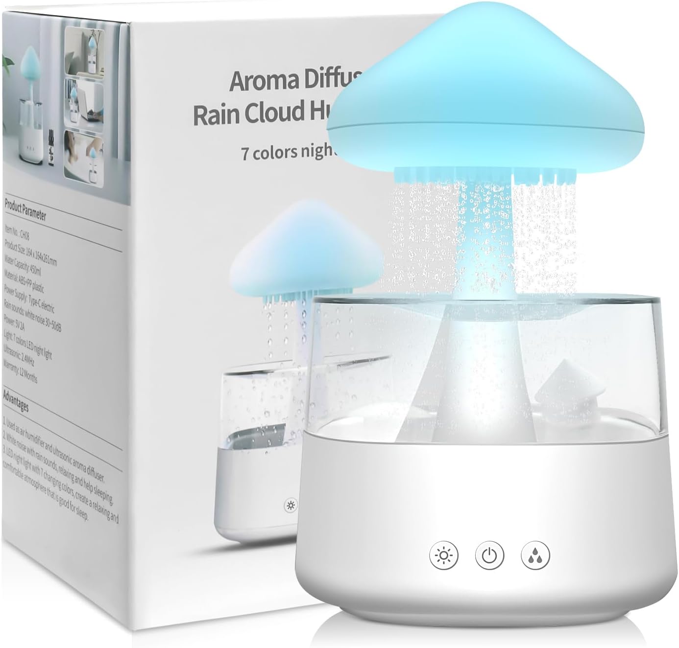 Nawilżacz powietrza w kształcie lampy deszczowej 450 ml z 7 diodami LED - Dyfuzor olejków eterycznych do domu i biura (biały)