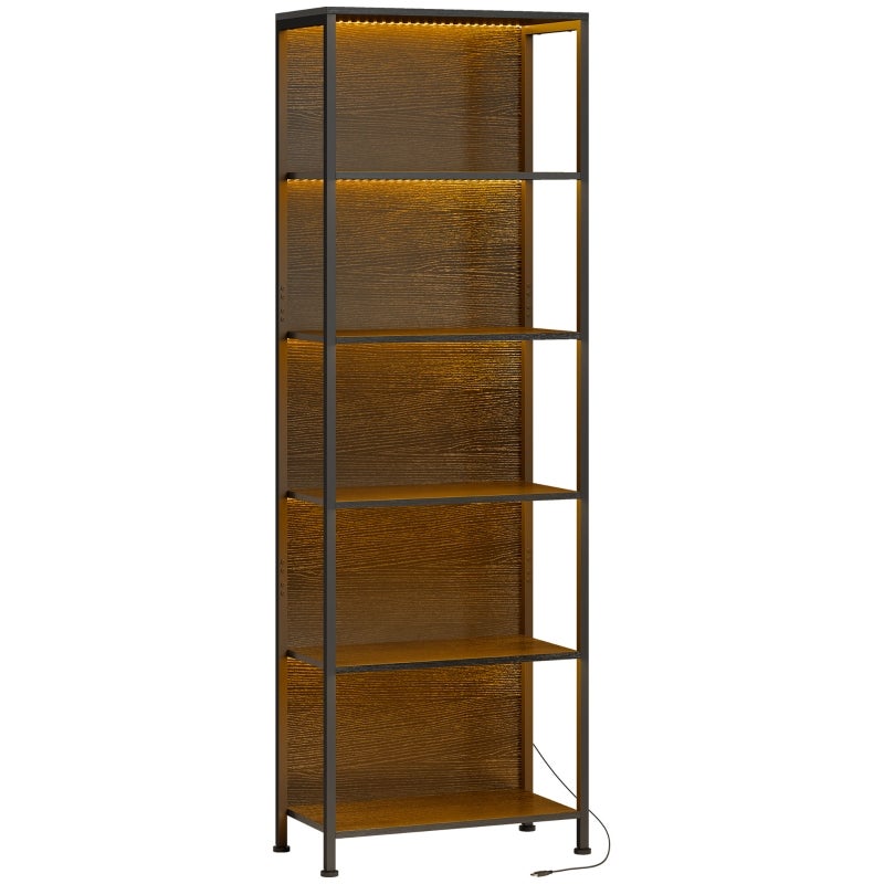 Regał na książki 60 x 30 x 179 cm, z oświetleniem LED, z regulowanymi półkami, czarny, drewno oraz stal