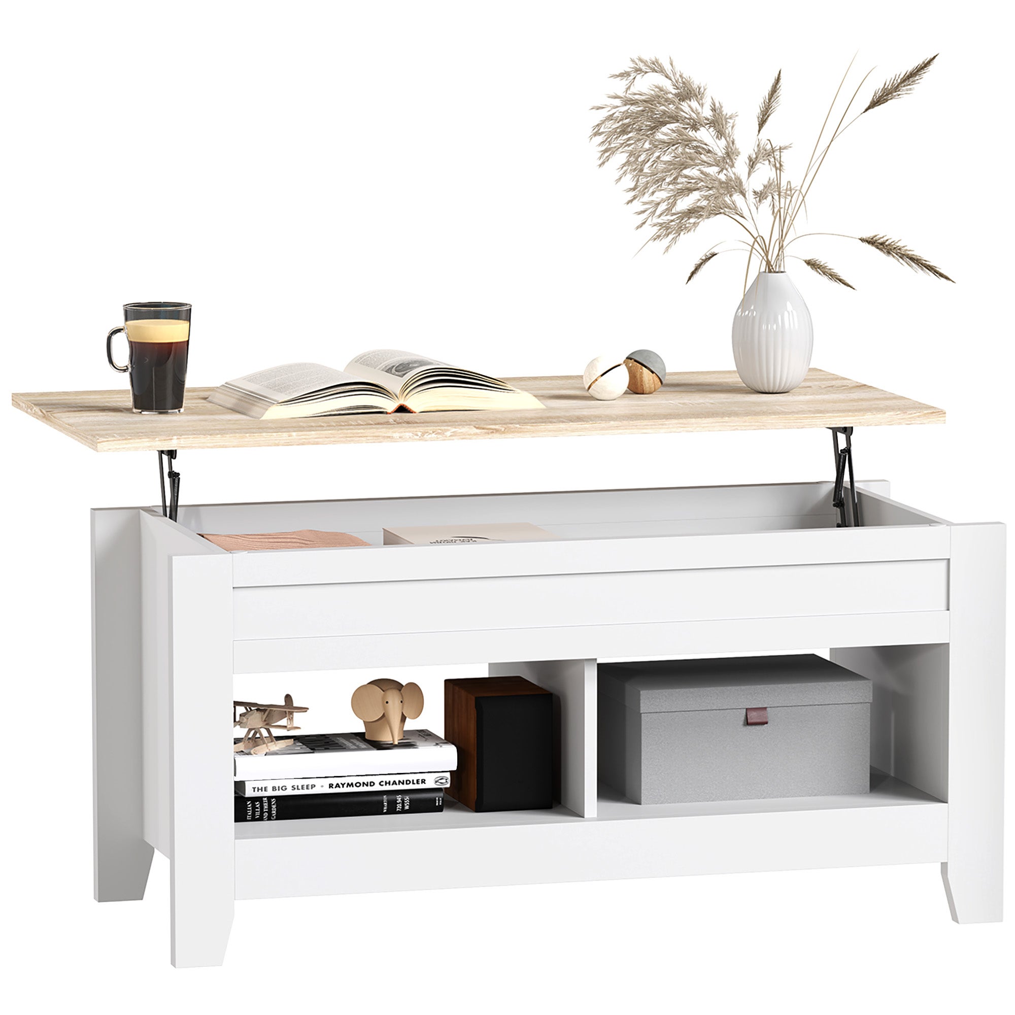 Stolik kawowy z regulowanym blatem, stolik do salonu z półkami i ukrytym schowkiem, 105 x 50 x 49-62,5 cm, biały