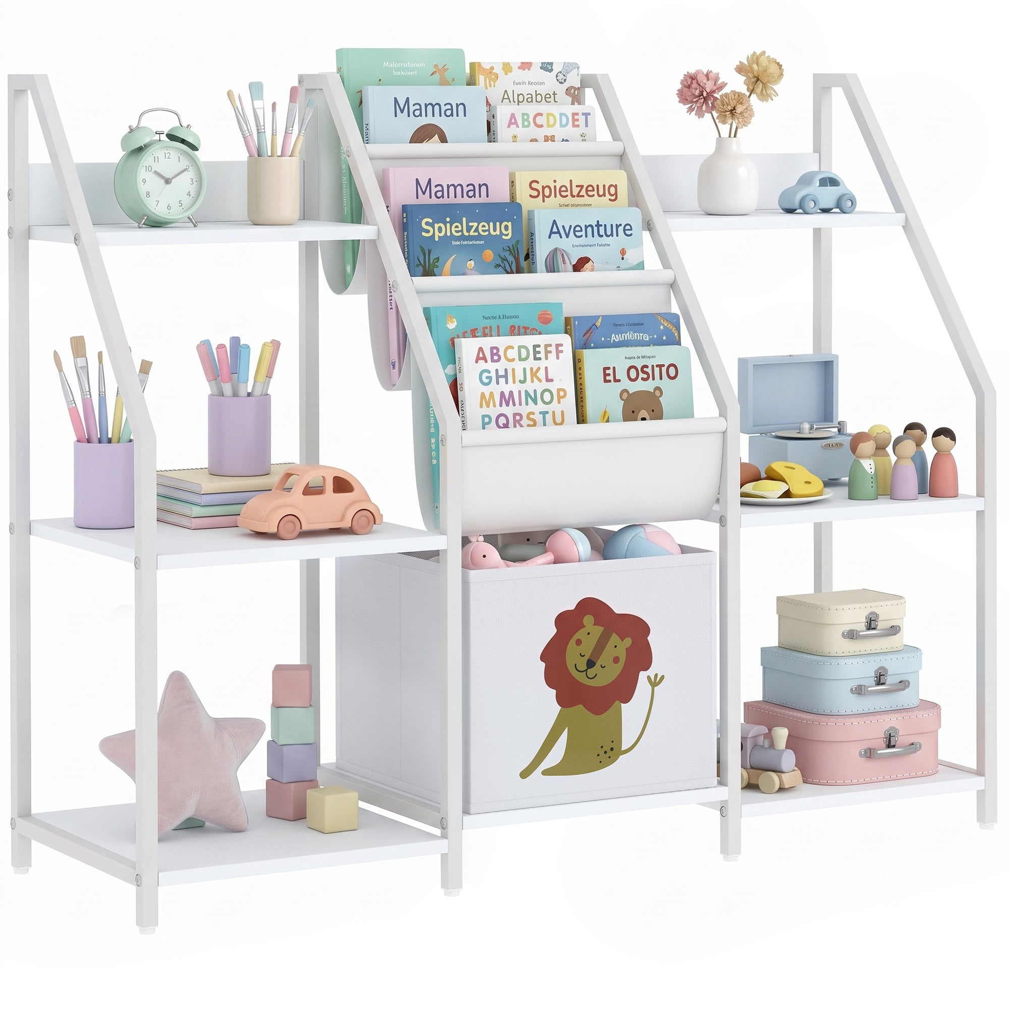 3-poziomowa biblioteka dla dzieci, regał na książki dla dzieci z szufladą na materiały, 93 x 30 x 76 cm, kolor biały