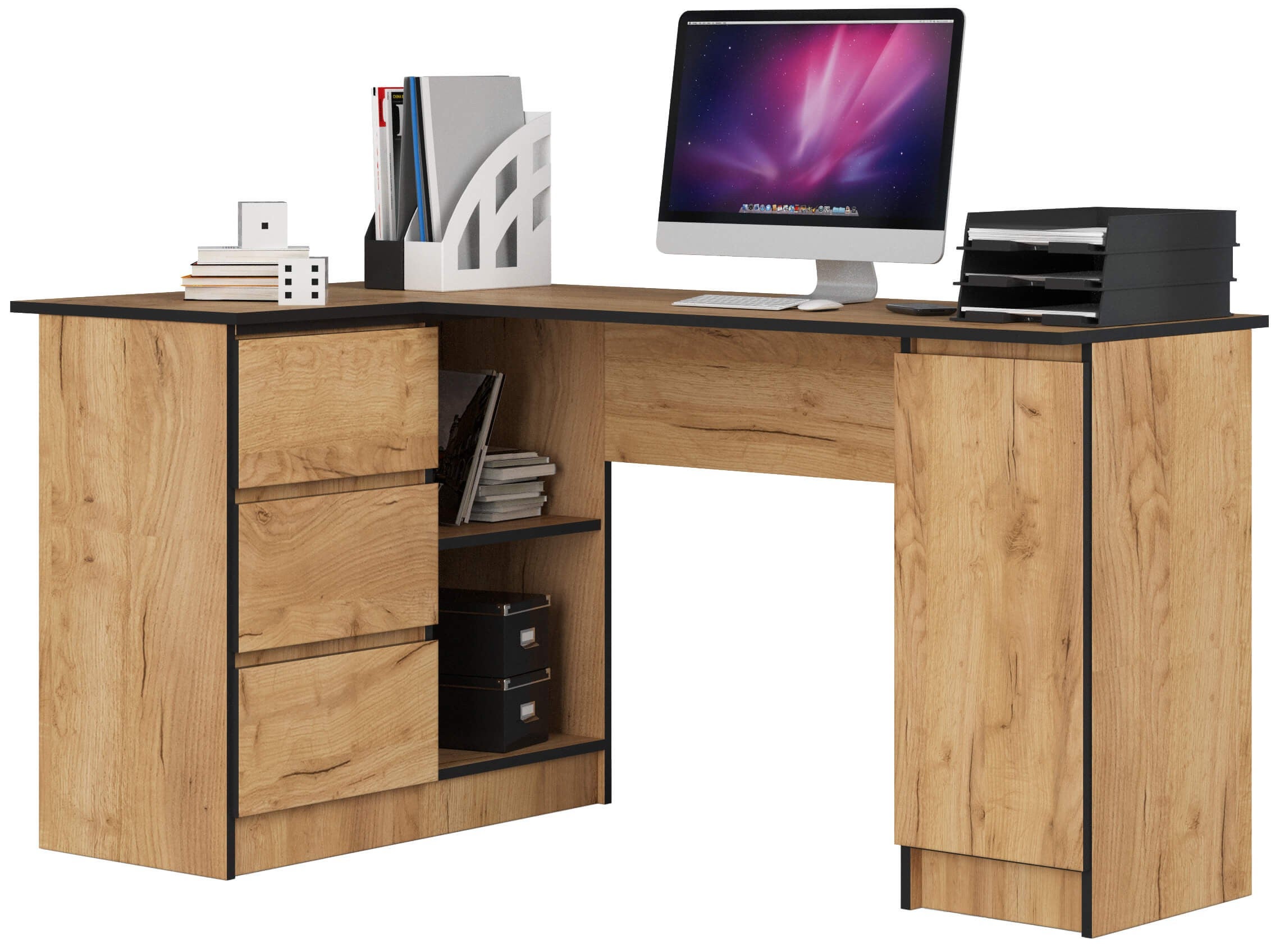 Biurko narożne AKORD B20 Dąb Craft 155 cm lewe 1 drzwi 3 szuflady kolor Dąb Craft mat 4 półki 155x85x77 cm