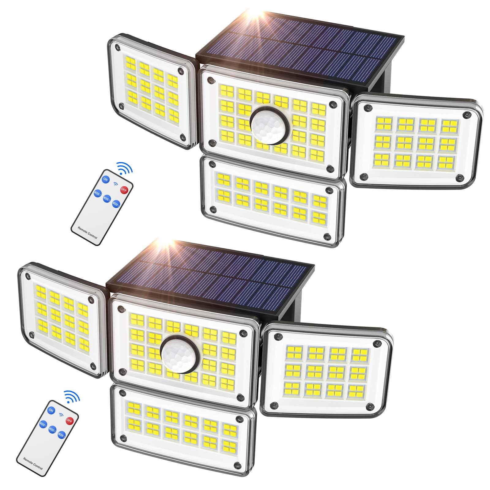Zestaw 2 zewnętrznych lamp solarnych, czujnik ruchu 224 LED 3000LM, wodoodporność IP65, 4-głowicowe solarne światło bezpieczeństwa