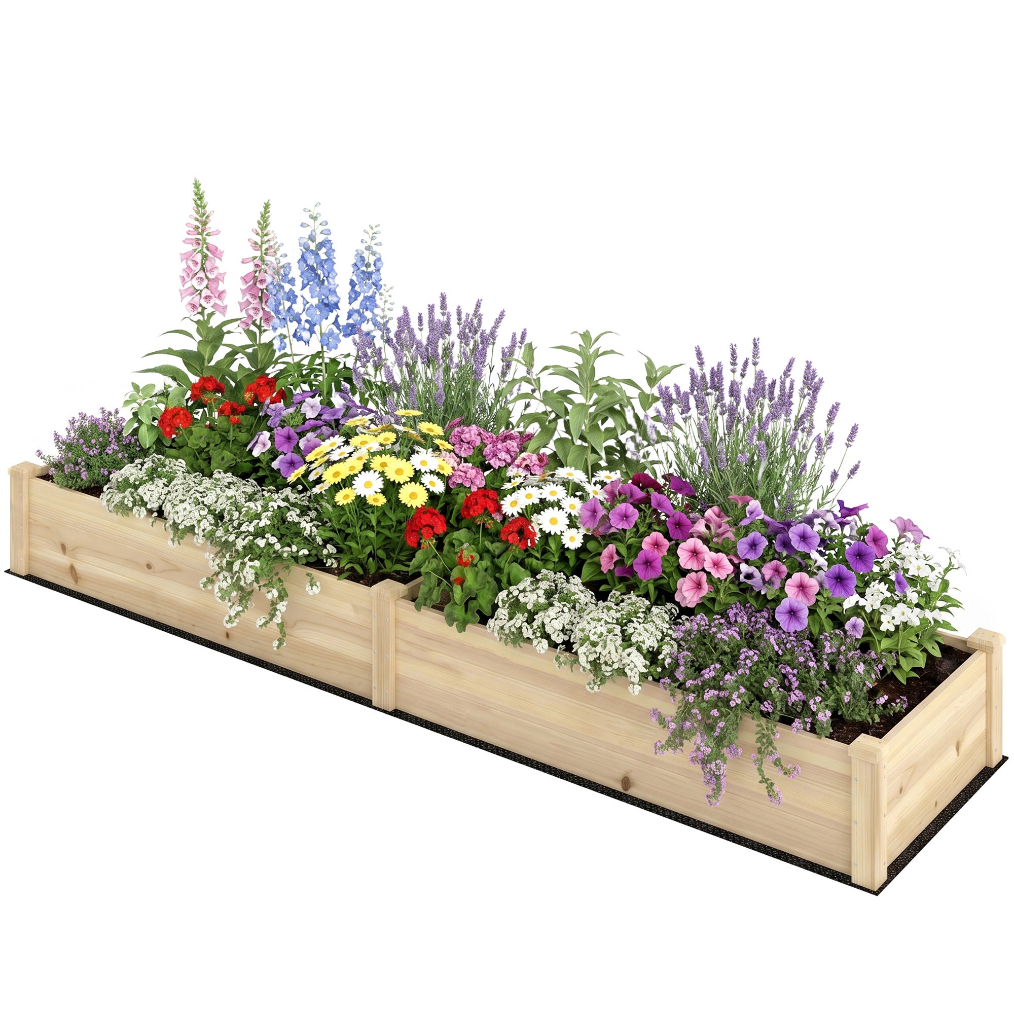Podwyższona grządka ogrodowa, 2 strefy do sadzenia, wyściółka z polaru, odporna na warunki atmosferyczne, lite drewno, 244 cm x 61,5 cm x 27 cm