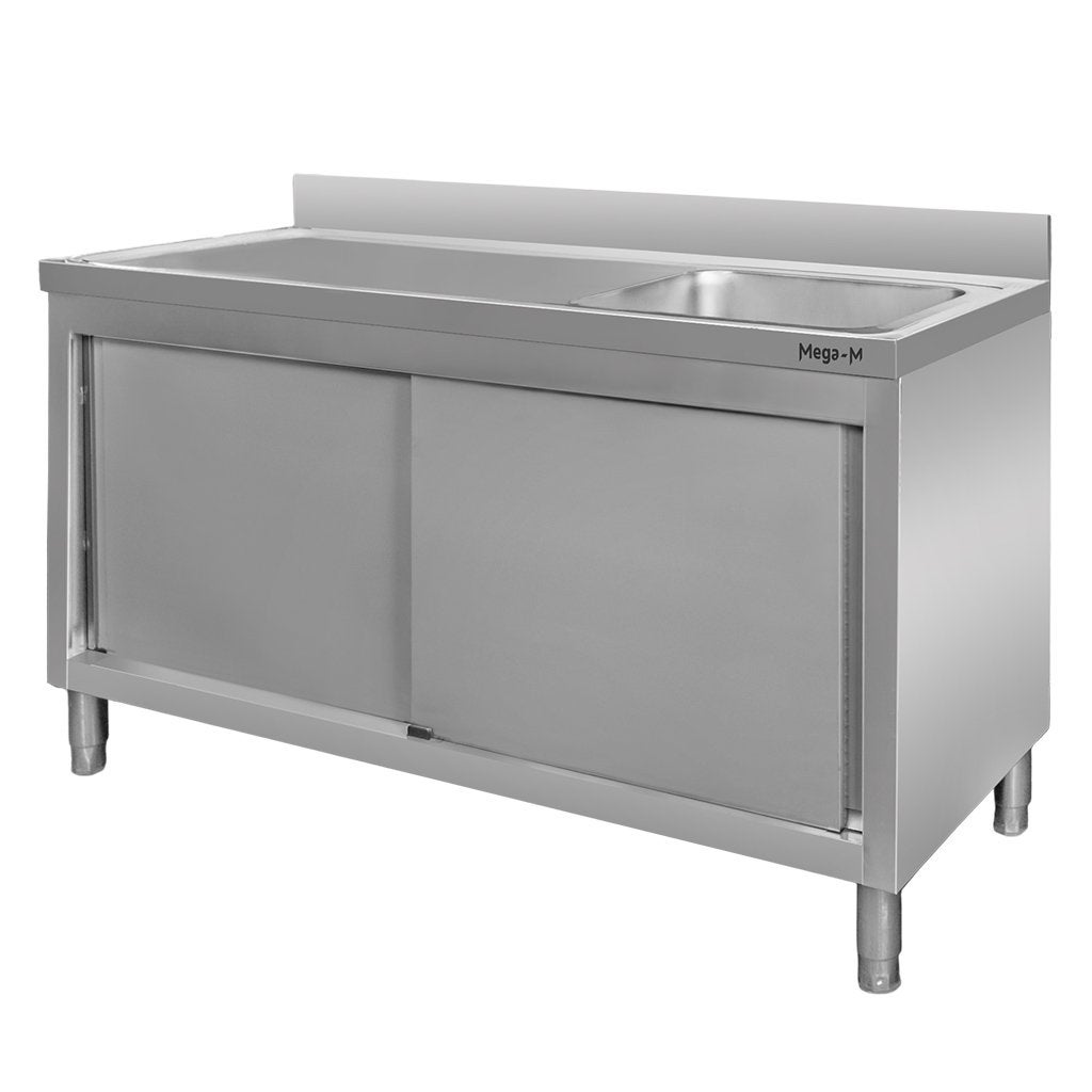 Stół gastronomiczny ze stali nierdzewnej Mega-M przyścienny ze zlewem po prawej stronie i z szafką 140x70x85 cm