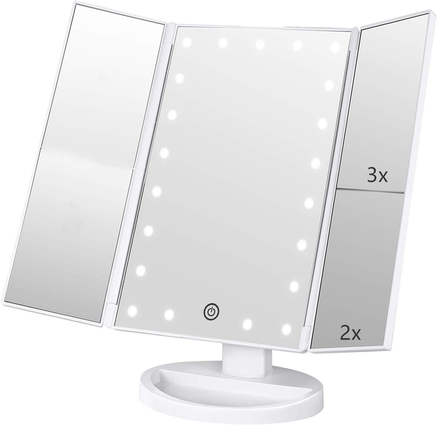 Lusterko do makijażu LED, podświetlane lusterko stołowe LED z powiększeniem 1X/2X/3X i obrotem o 180 stopni (białe)