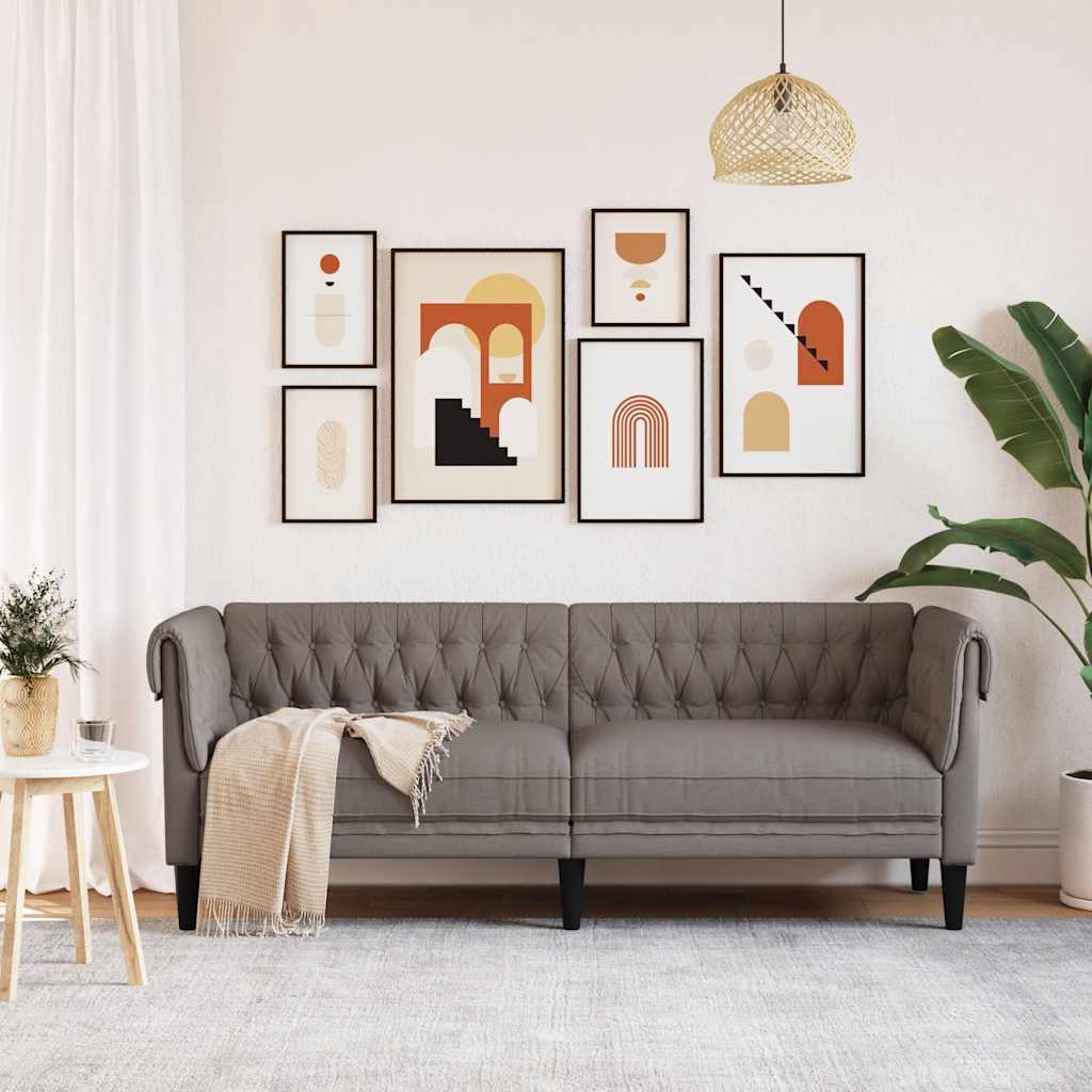 Sofa Chesterfield, trzyosobowa, kolor taupe, obita tkaniną