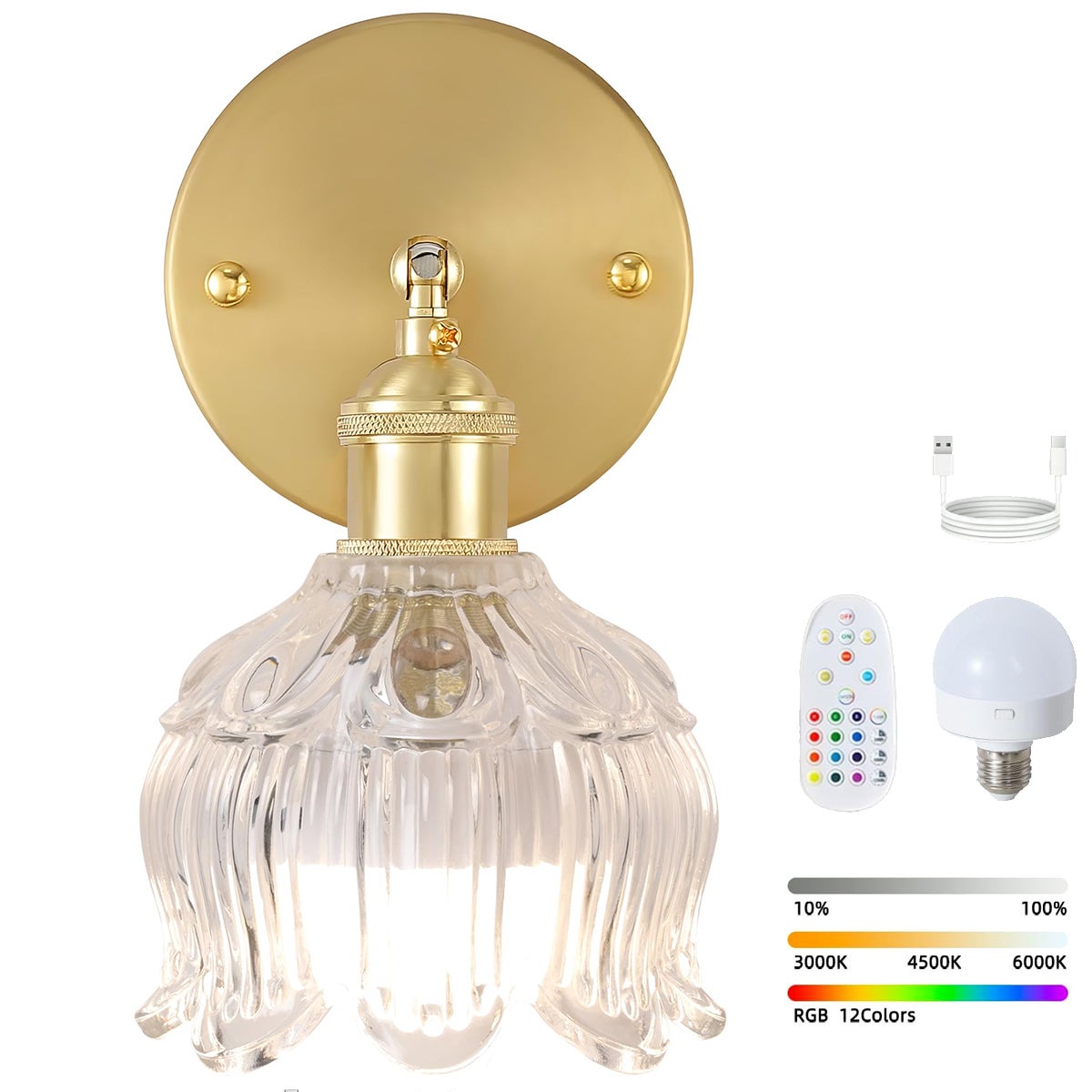 Bezprzewodowa lampa ścienna LED z pilotem, ładowana lampka nocna, ściemnialna, zmiana koloru RGB, 3000K-6000K, z żarówką