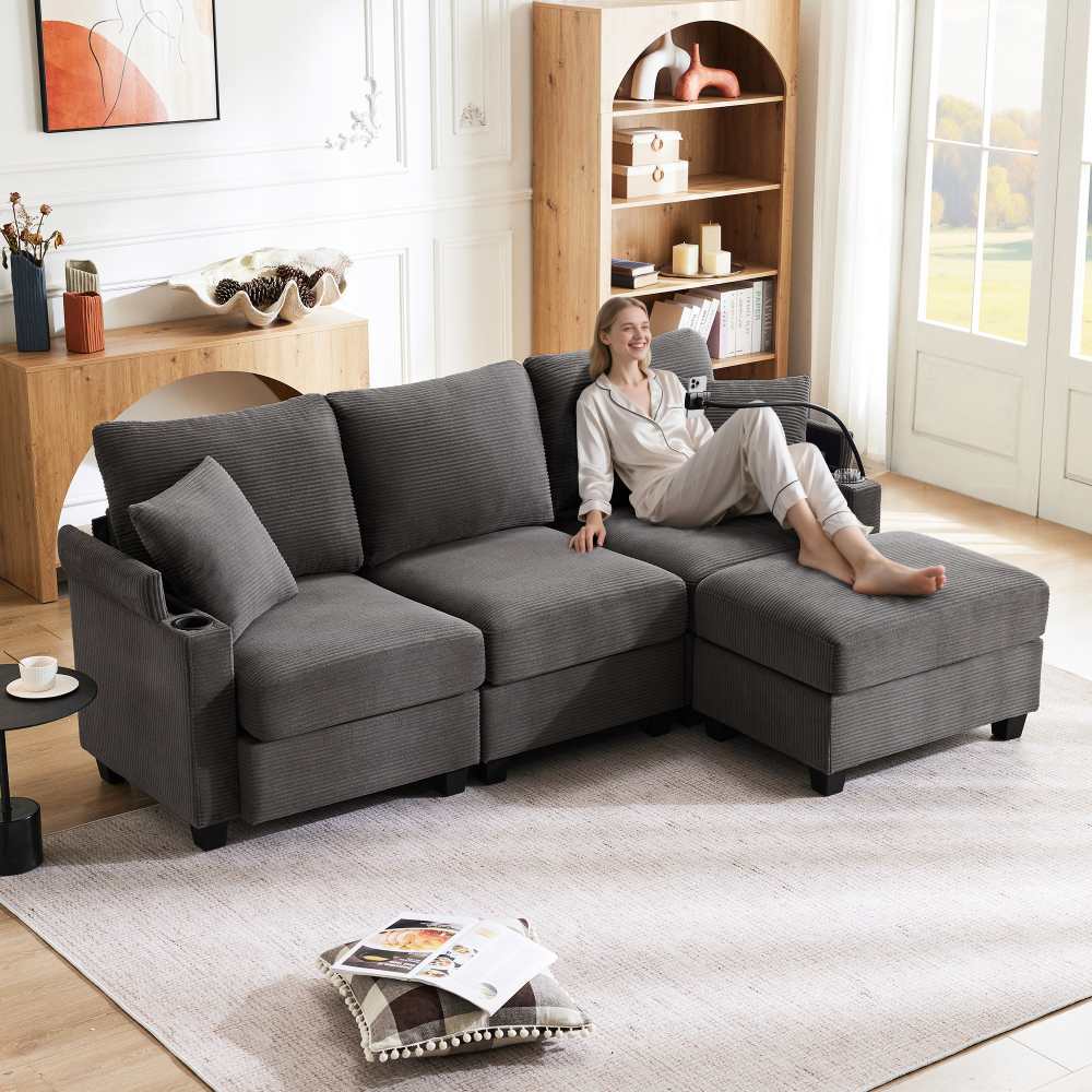 Narożna sofa rozkładana w kształcie litery L, 3-osobowa, z pufem, poduszkami, uchwytami na kubki i portem USB, idealna do salonu/biura/mieszkania