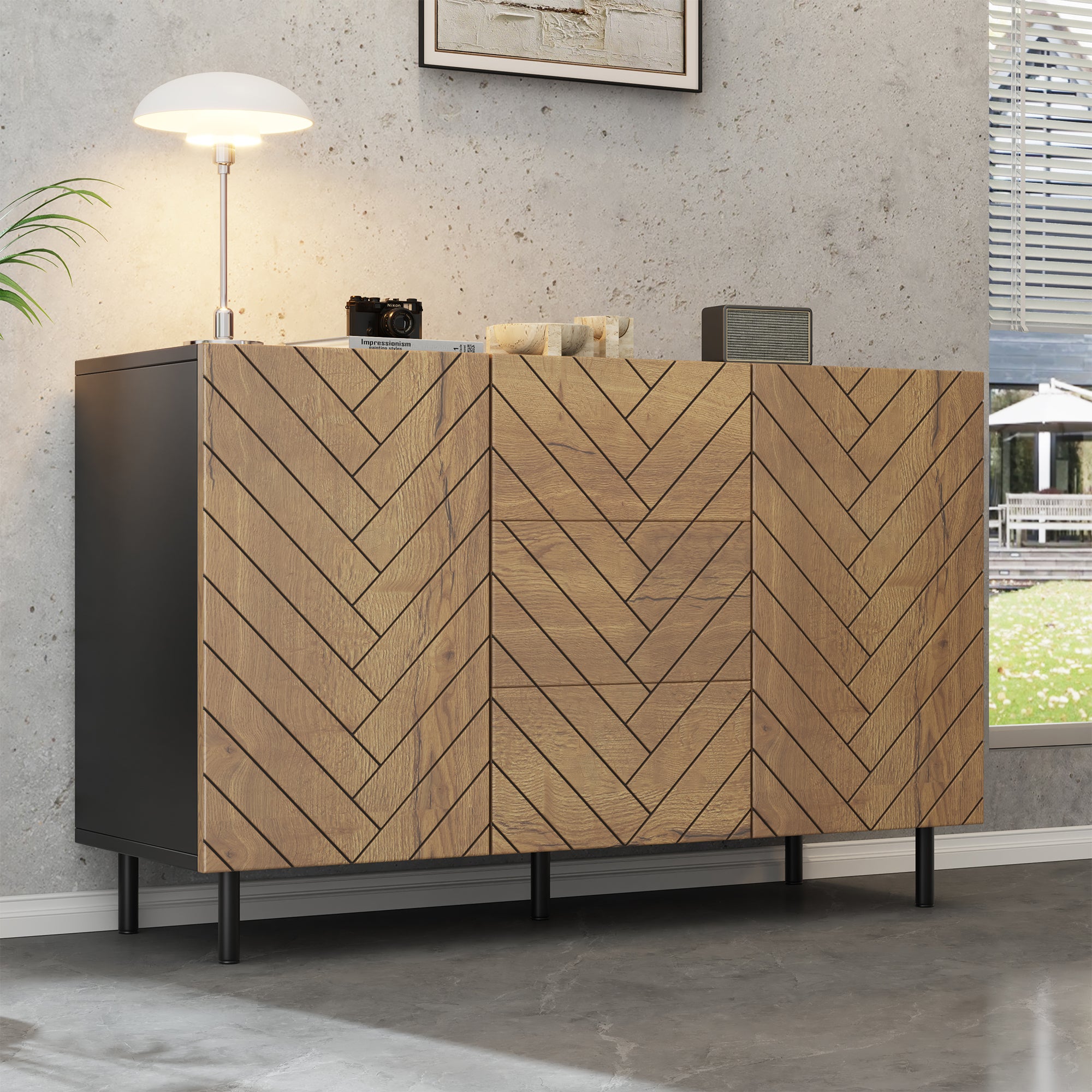 Komoda do salonu w kolorze drewna i czerni, szafka z 3 szufladami i 2 drzwiami, 120 × 40 × 76 cm na naczynia, książki i dekoracje