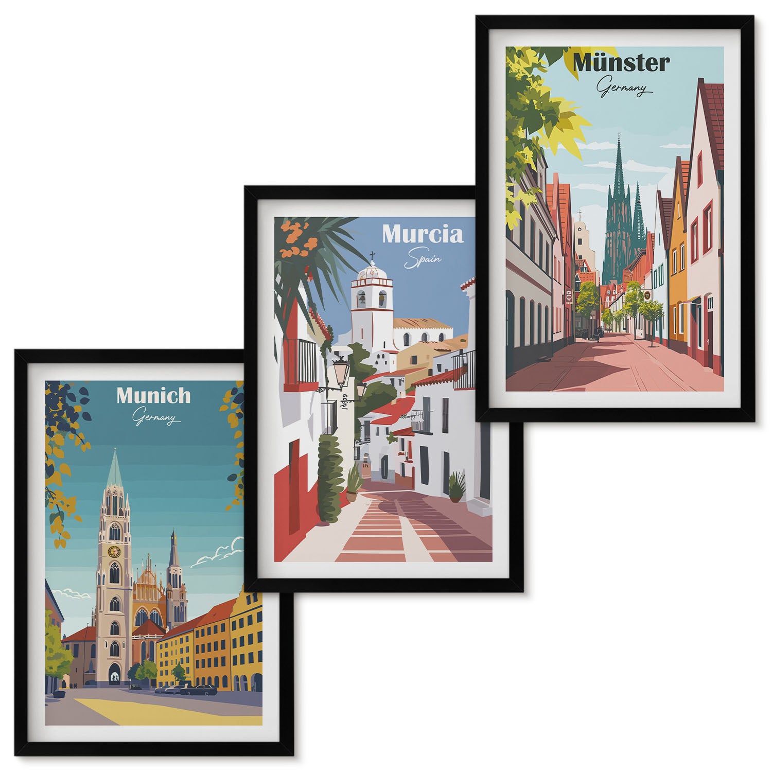 Zestaw obrazów w ramie - 3 części | Miasta Europy w kolorowych ilustracjach | Czarna ramka