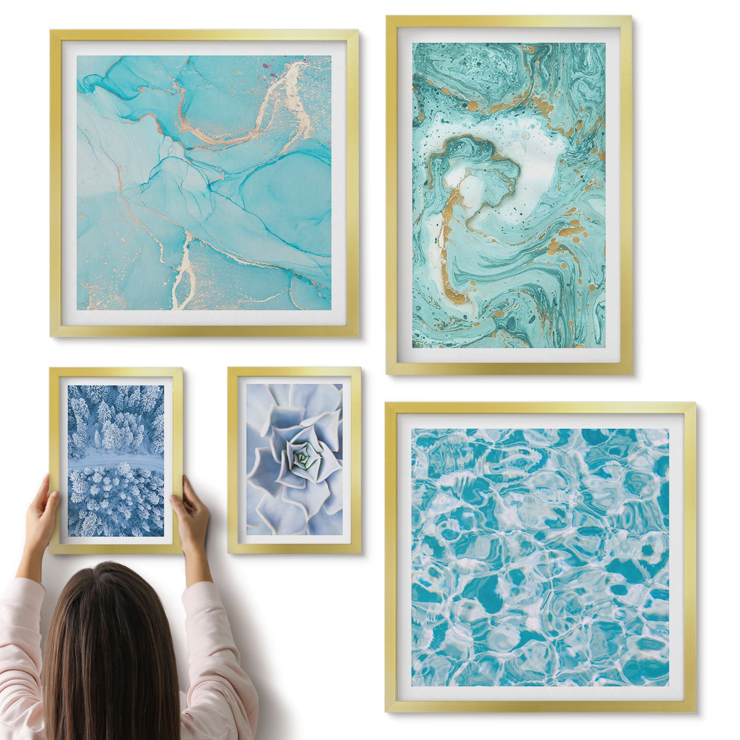 Galeria ścienna 5-częściowy komplet obrazów w złotych ramach - Stylowe akcenty w odcieniach turkusu i błękitu - ArtPrintCave
