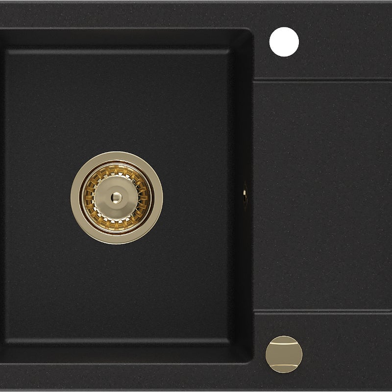 Mexen Enzo zlewozmywak granitowy 1-komorowy z ociekaczem 576 x 465 mm, czarny, syfon złoty - 6506571005-77-G