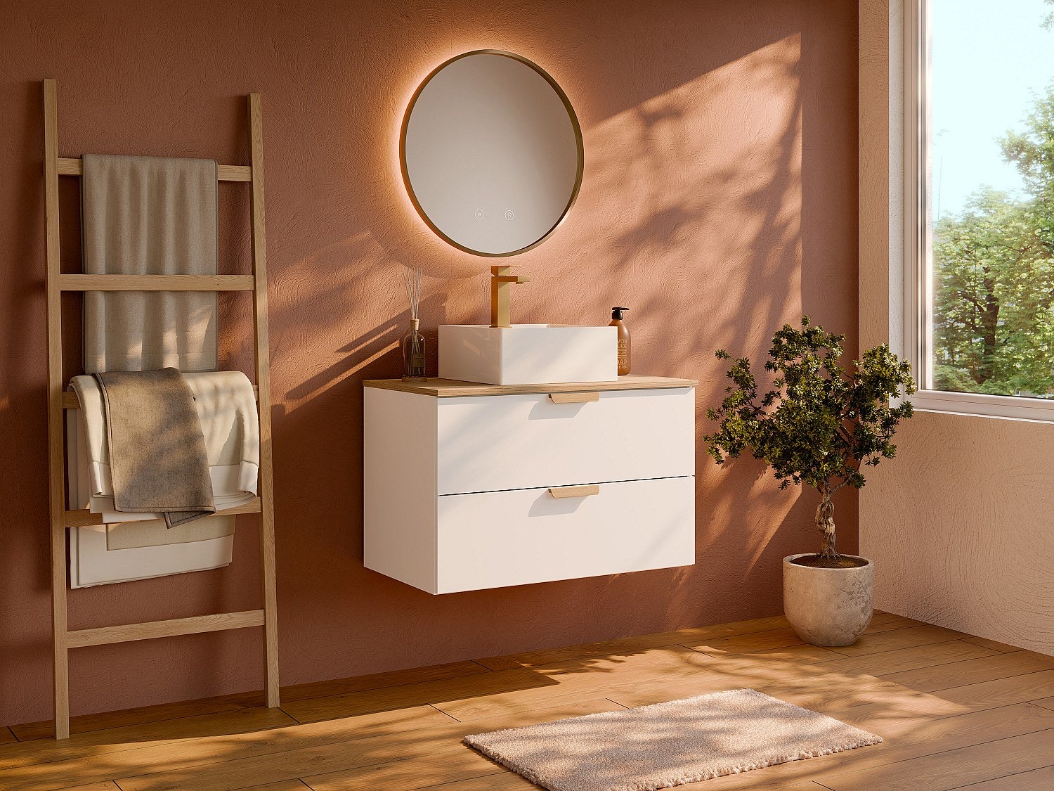 Wisząca szafka łazienkowa z kwadratową umywalką nablatową – Biała – S60 cm – AVORELI