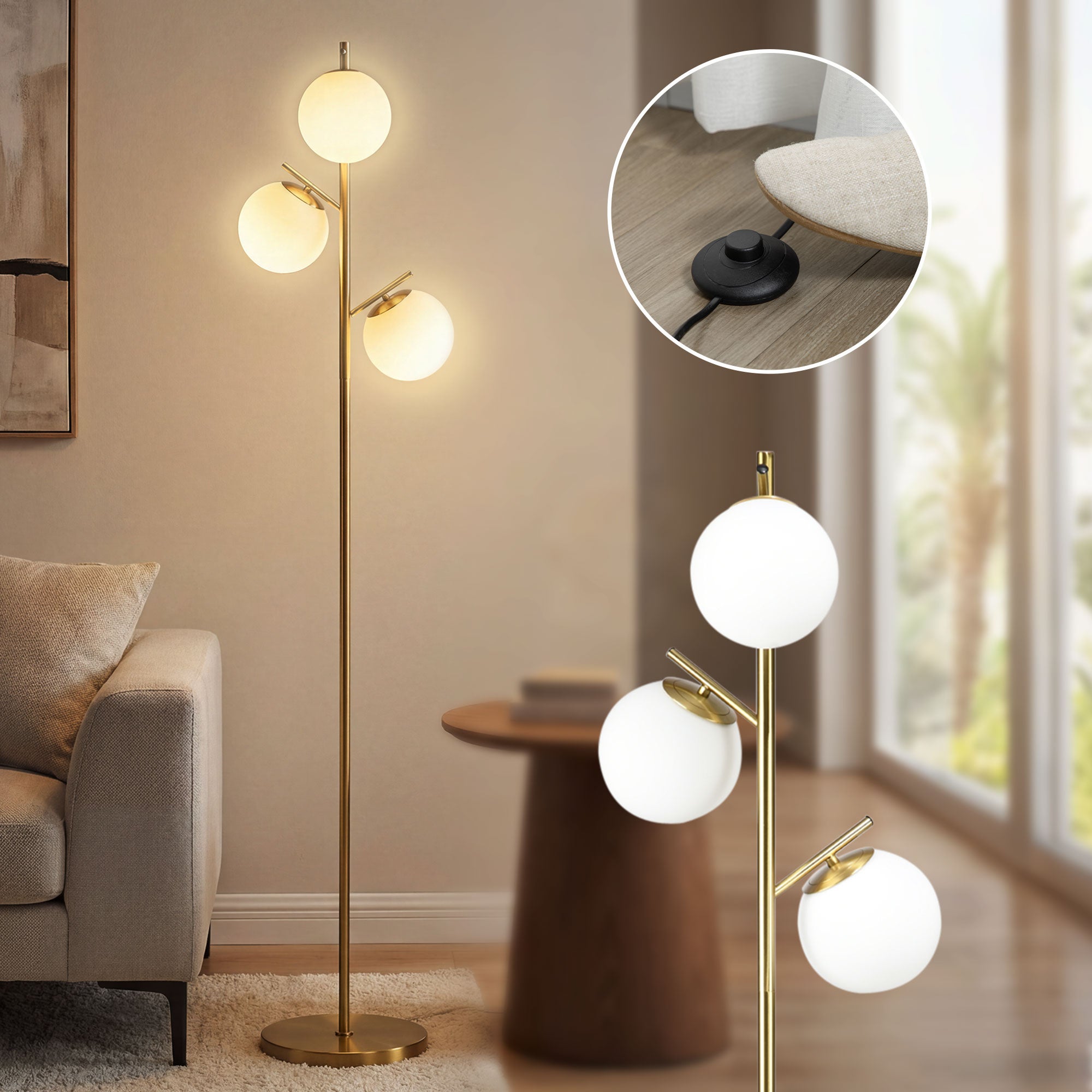 Lampa podłogowa w stylu retro, lampa podłogowa z 3 kloszami, szkło, złoto