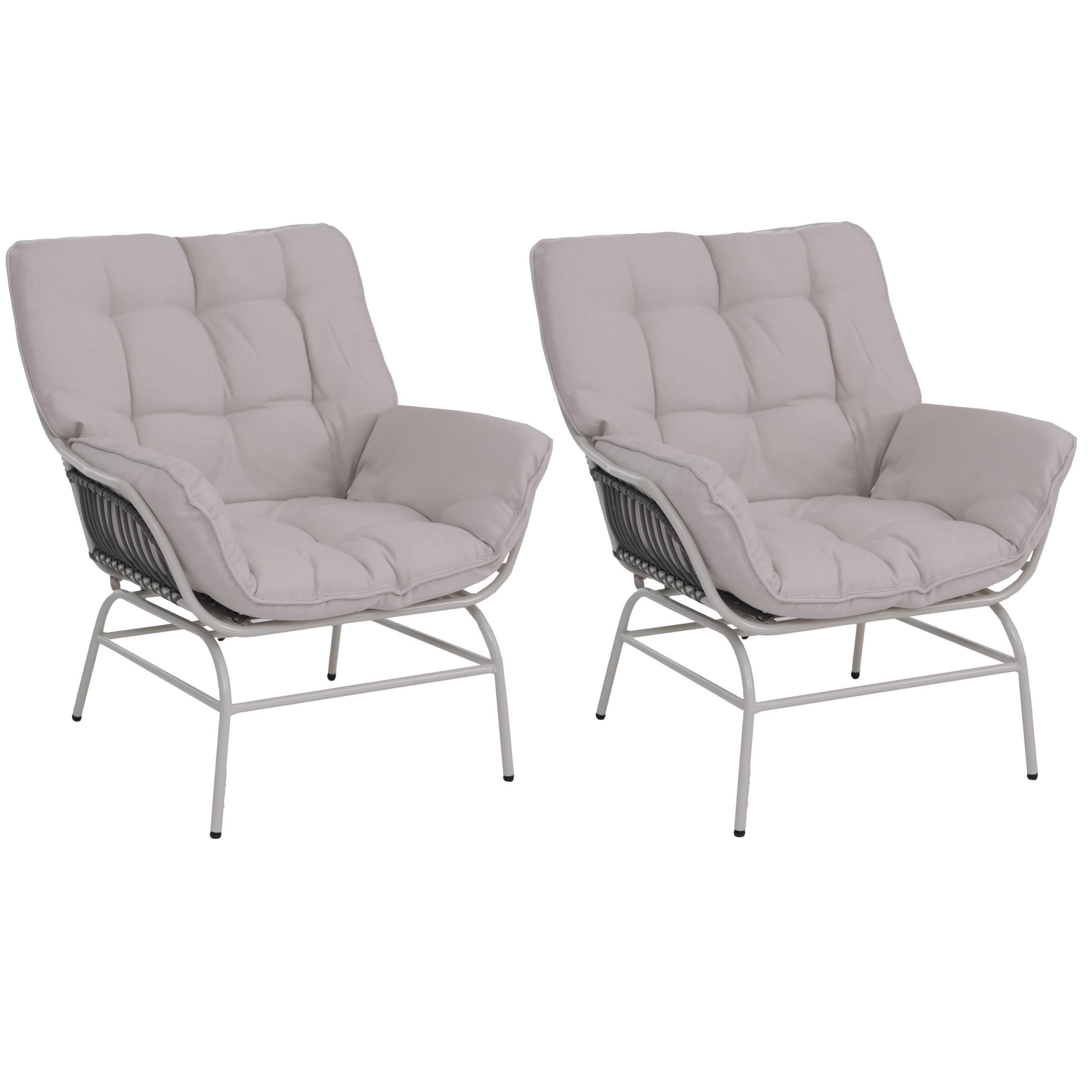 Zestaw 2 sztuk krzeseł ogrodowych HWC-P75, fotel ogrodowy, fotel wypoczynkowy, tkanina 220 g/m² poli-rattan metal ~ jasnoszary, tapicerka beżowa
