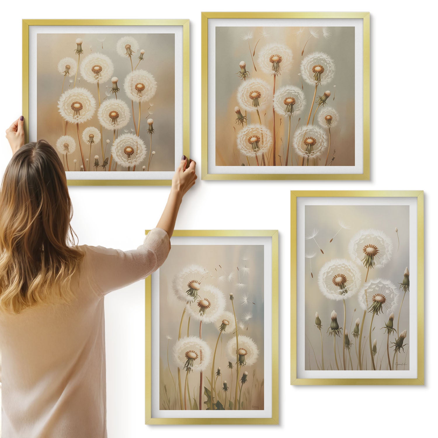 Galeria ścienna 4-częściowy komplet obrazów w złotych ramach - Białe dmuchawce na tle jasnych kolorów - ArtPrintCave