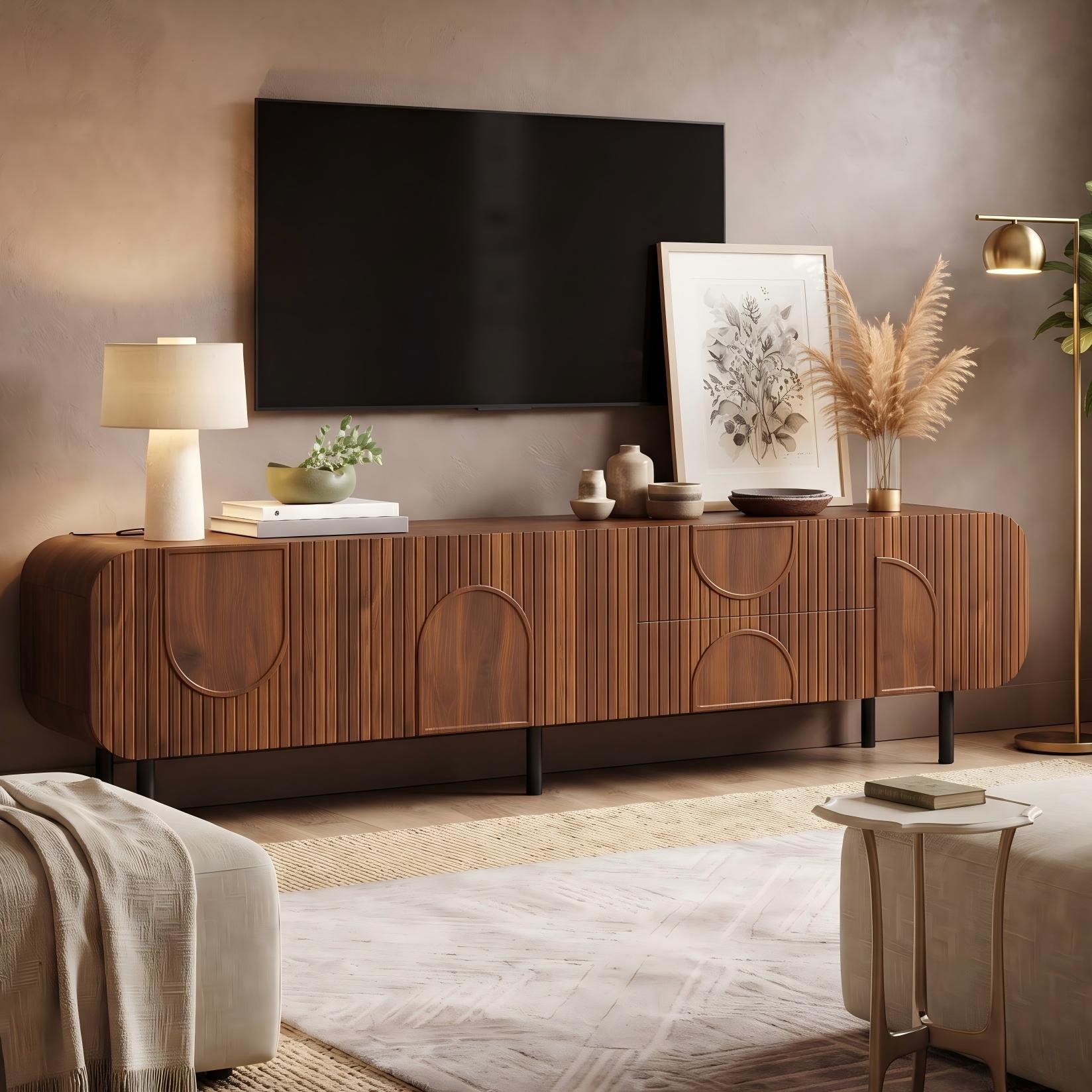 Stolik pod TV 180x40x47,5 cm - 3 drzwi i 2 szuflady - Fornir orzechowy - Nogi metalowe - MDF - Brązowy