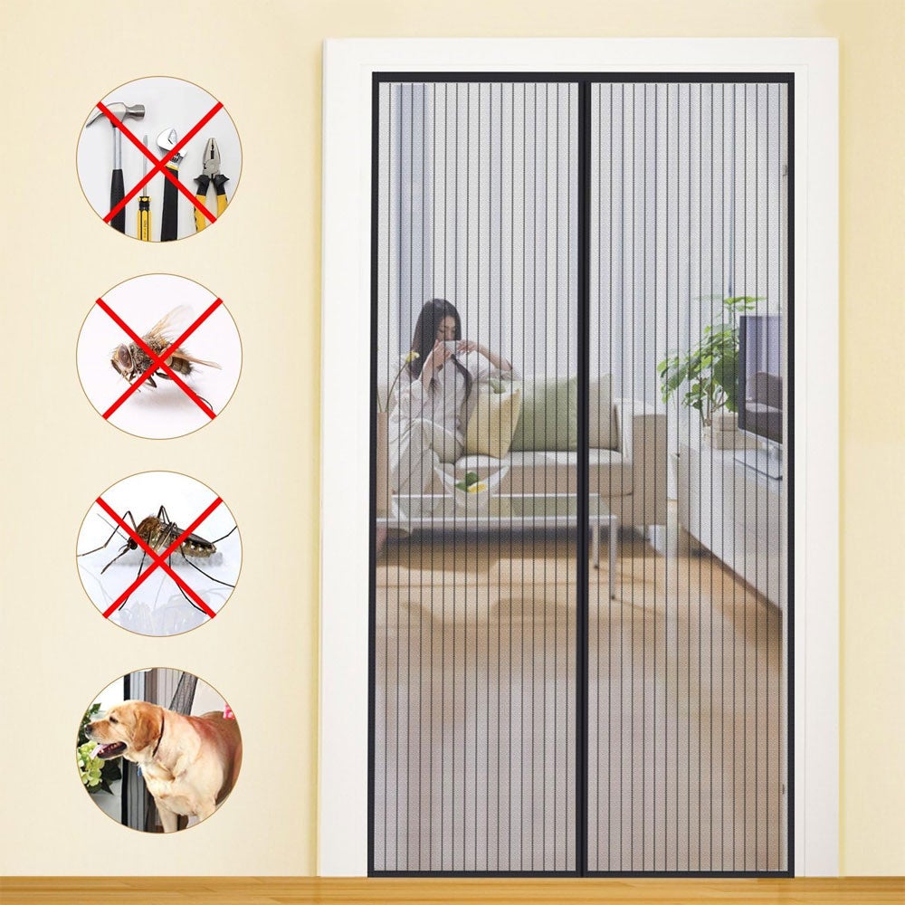 Moskitiera 90x210 cm, ultra drobna siatka magnetyczna z paskami samoprzylepnymi, czarna