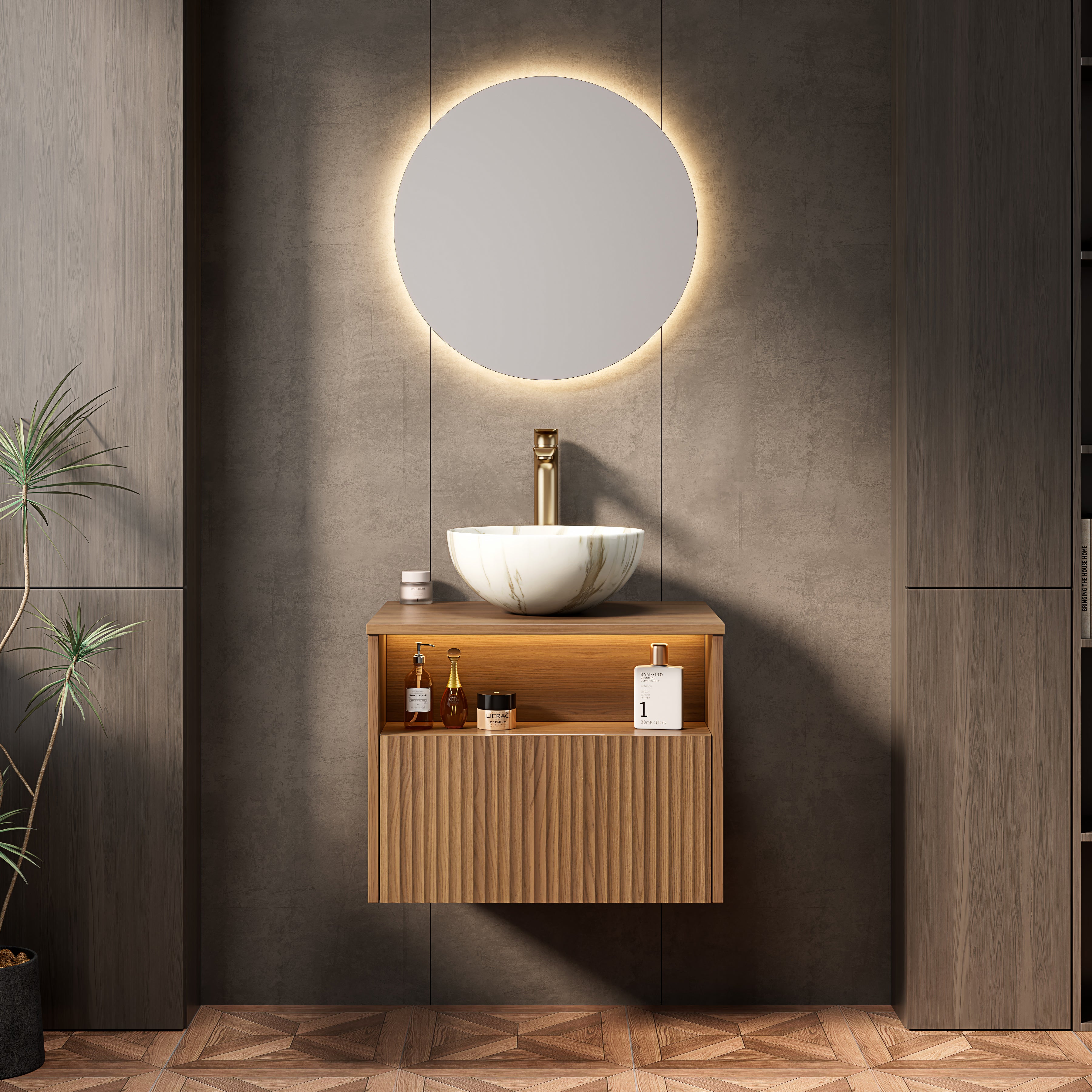 Szafka łazienkowa 60 x 46 x 60,8 cm, z oświetleniem LED, z miejscem do przechowywania, biały, lite drewno