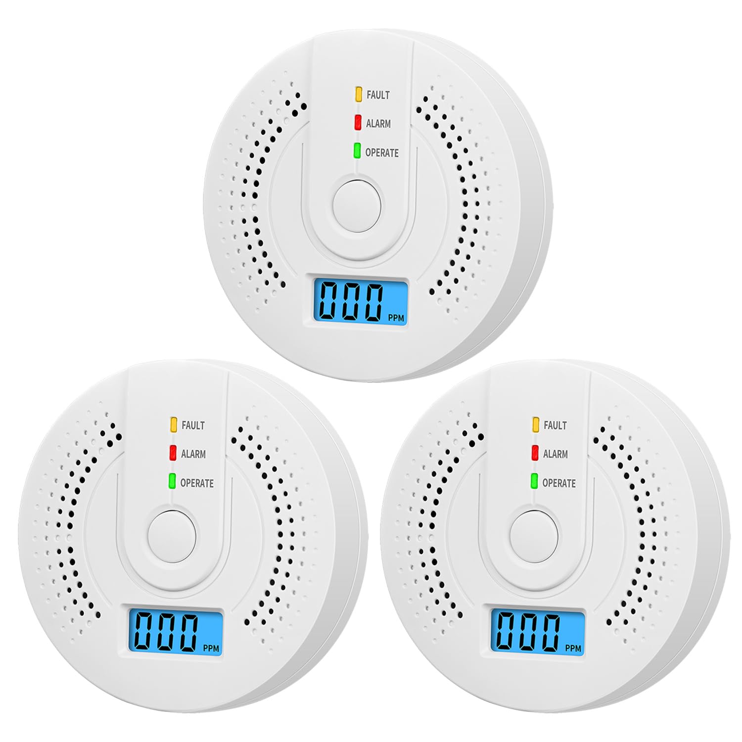 Zestaw 3 szt. Czujnik tlenku węgla 3 sztuki, alarm tlenku węgla z cyfrowym wyświetlaczem LED i alarmem dźwiękowym, 96 x 31 mm