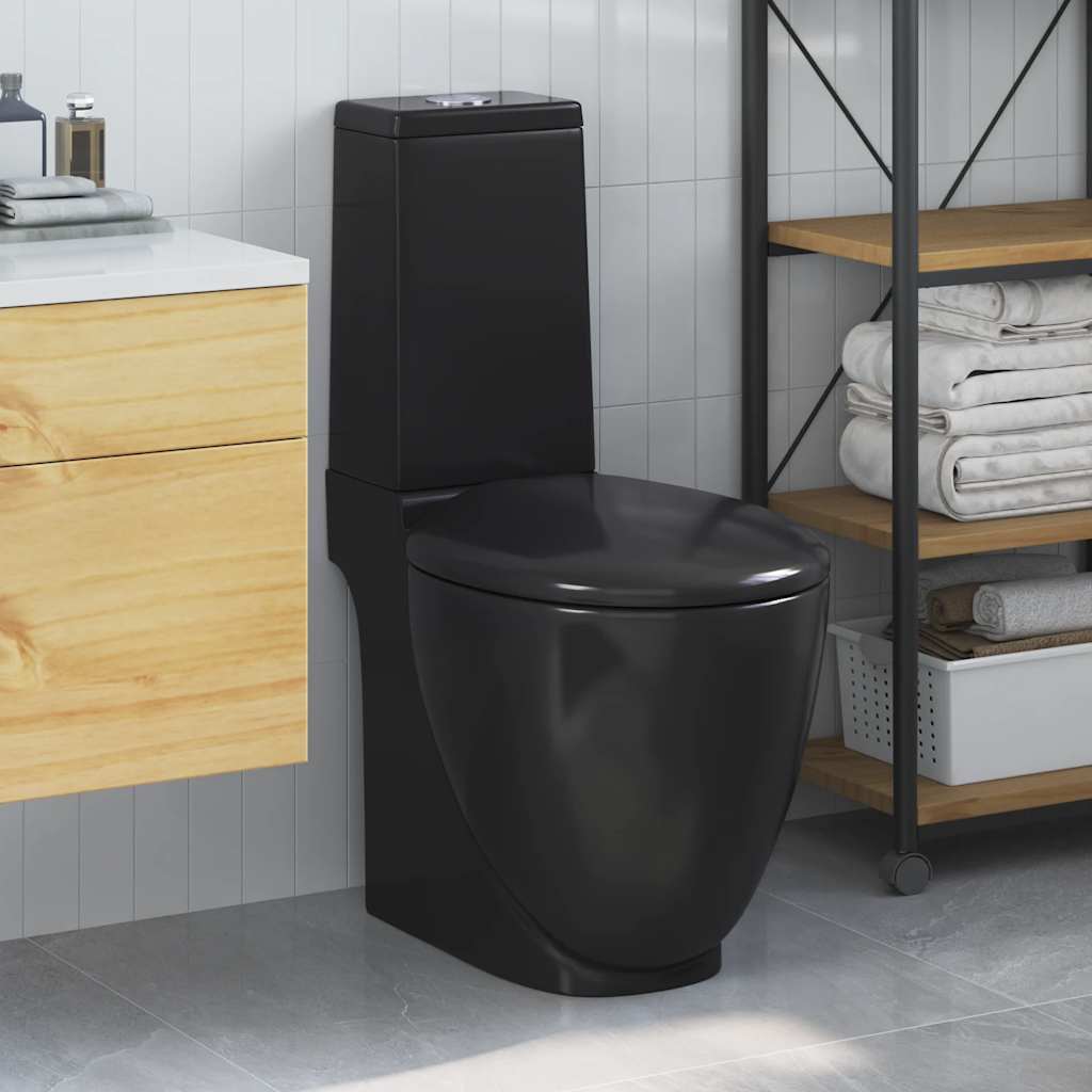 Ceramiczna toaleta ze spłuczką, okrągła, odpływ pionowy, czarna vidaXL