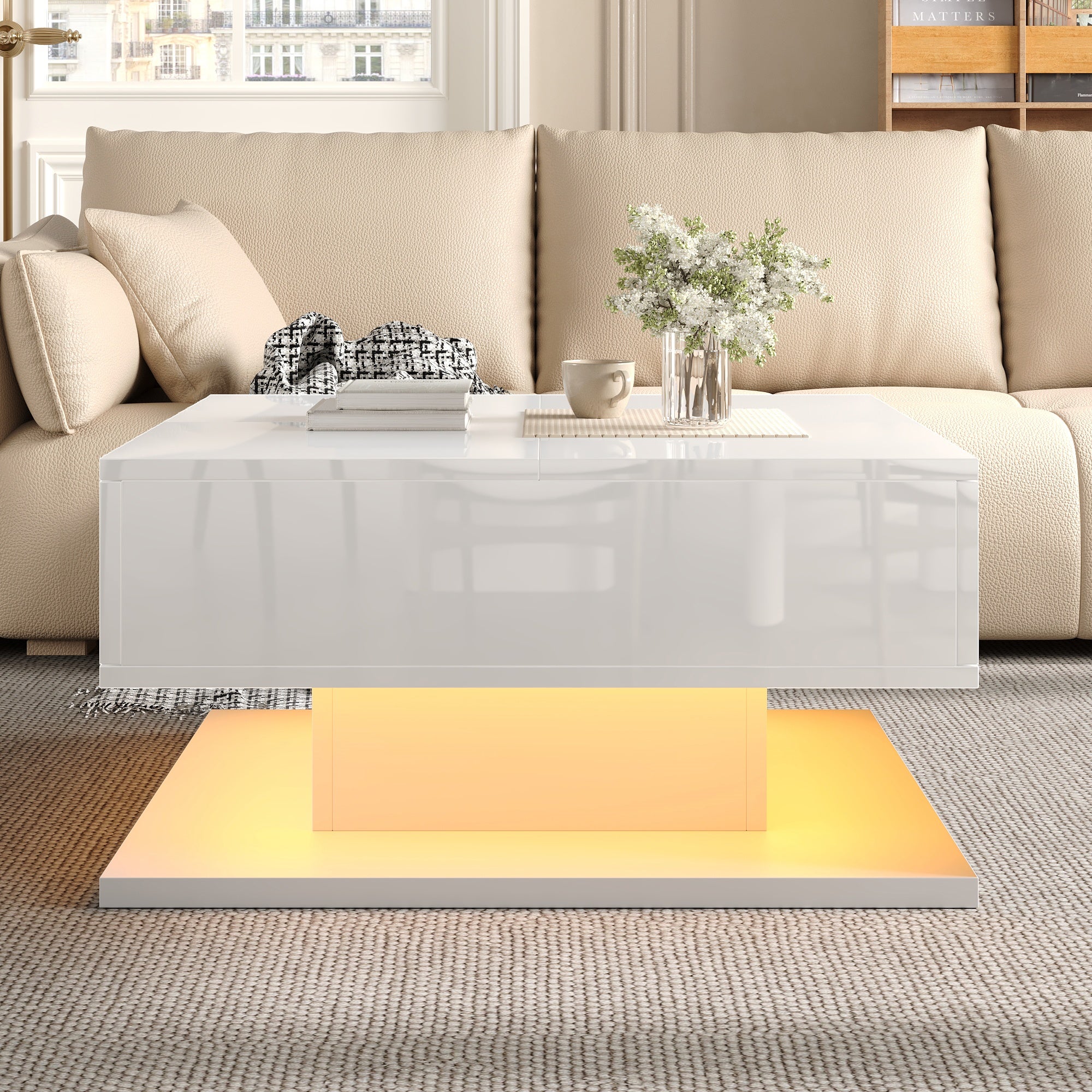 Stolik kawowy z podnoszonym blatem, 2 szufladami i oświetleniem LED – MDF i płyta wiórowa – 72 x 72 x 35 cm – Biały połysk