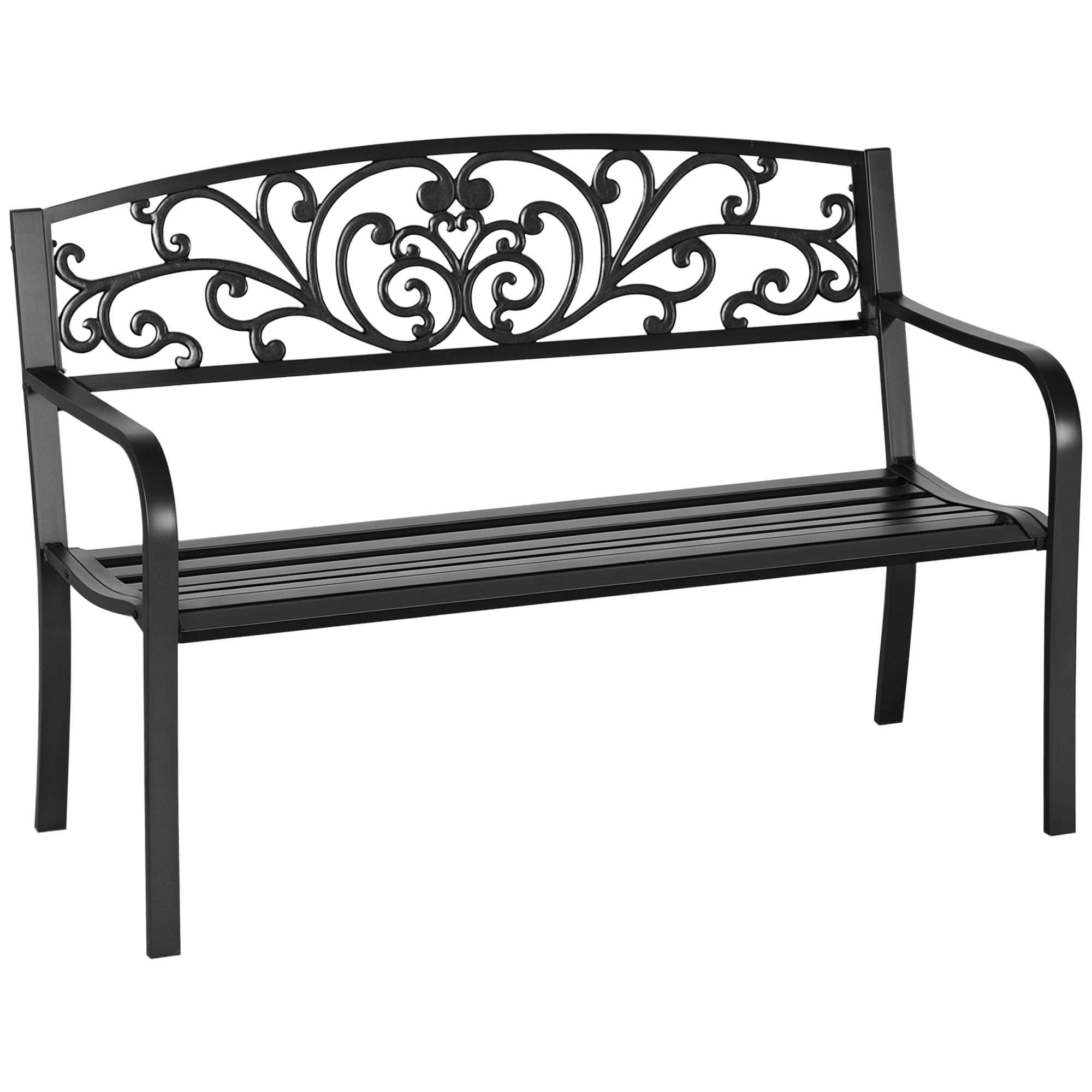 Ławka ogrodowa metalowa, wzór kwiatowy, 2-osobowa, maksymalne obciążenie 240 kg, stal, 127 cm (dł.) x 60 cm (szer.) x 87 cm (wys.), kolor czarny
