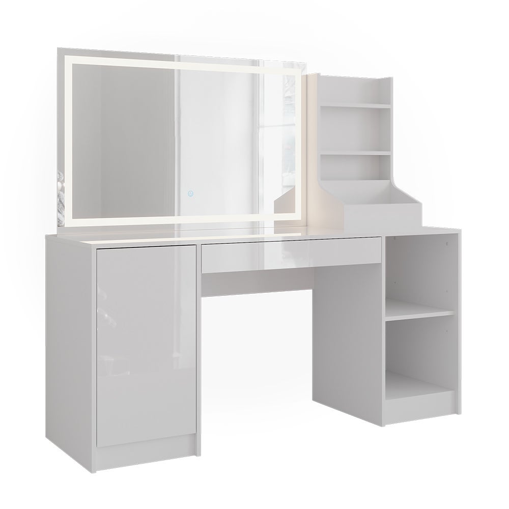Vicco Stół toaletowy Sherry, Biały/Biały wysoki połysk, 158.2 cm z lusterkiem LED